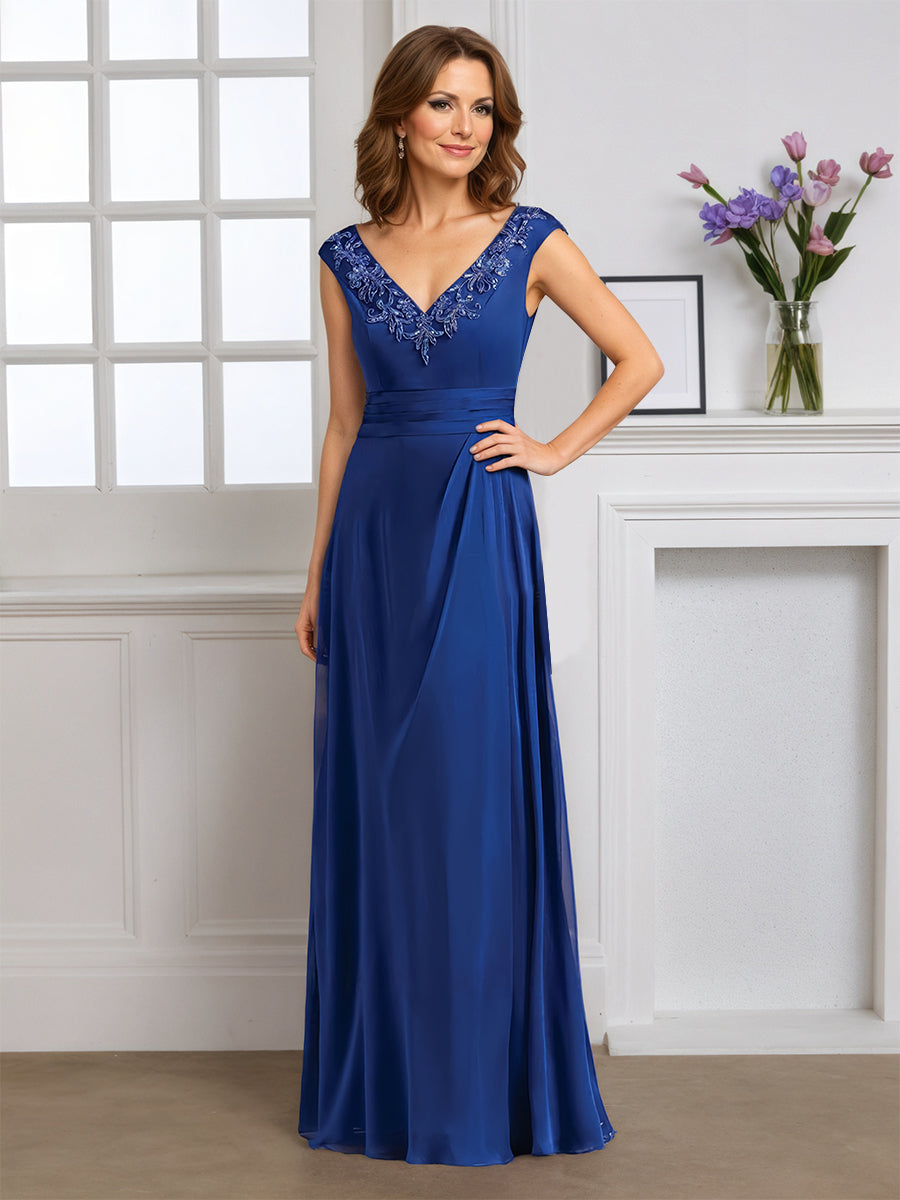Cicinia Bleu Marine Robe pour Mère de la Mariée Longue Fourreau en Mousseline Perlé Décolleté en V