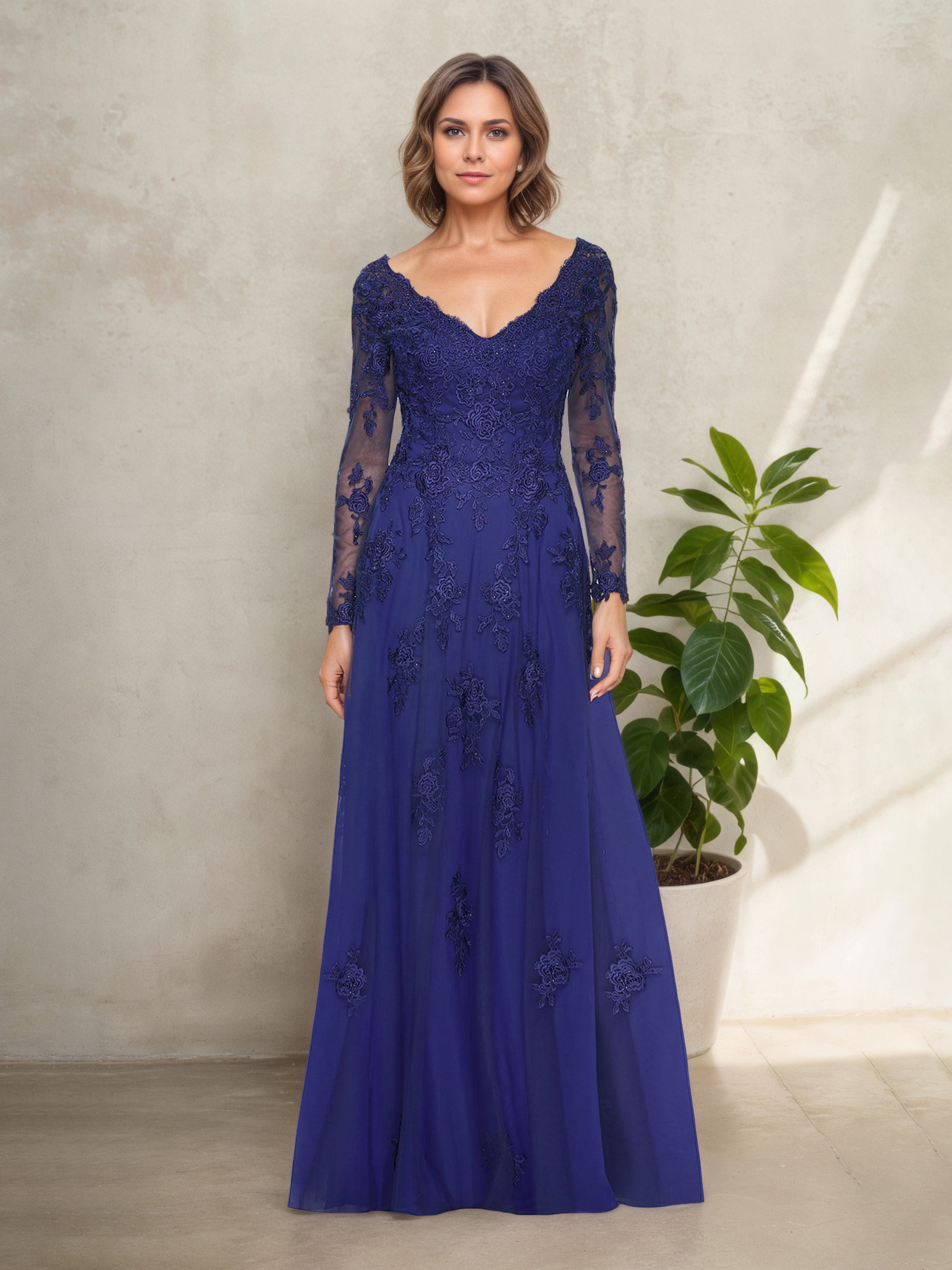 Robe Mère de la Mariée BLEU_ROYALE Col V en Dentelle Manches Longues