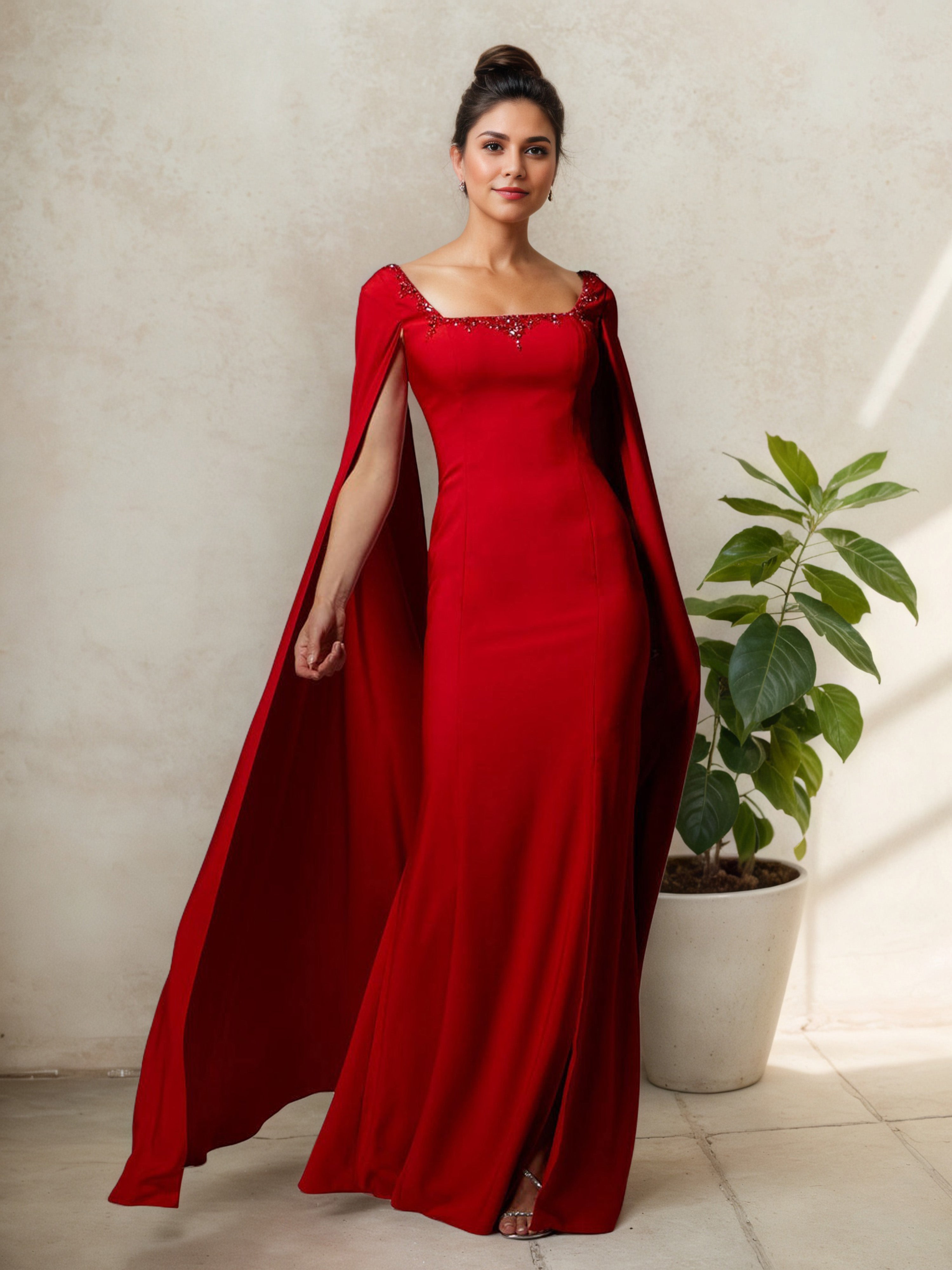 Robe Mère de la Mariée Rouge Fourreau/Colonne Encolure Carrée avec Manches Volantes Amovibles