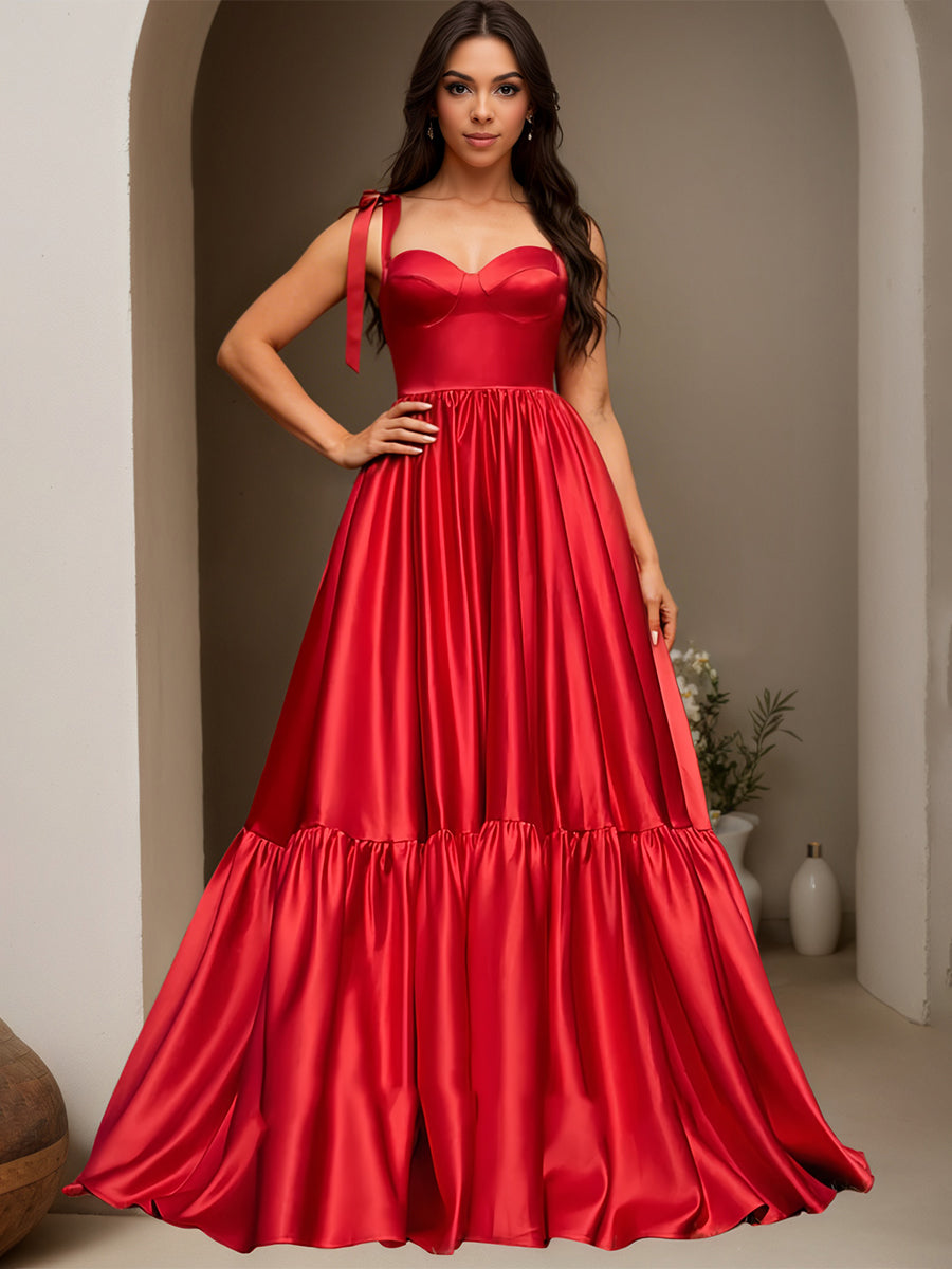 Cicinia Rouge Robe de Soirée Longue en Satin Doux A-Line Traîne Balayée Décolleté Cœur à Bretelles