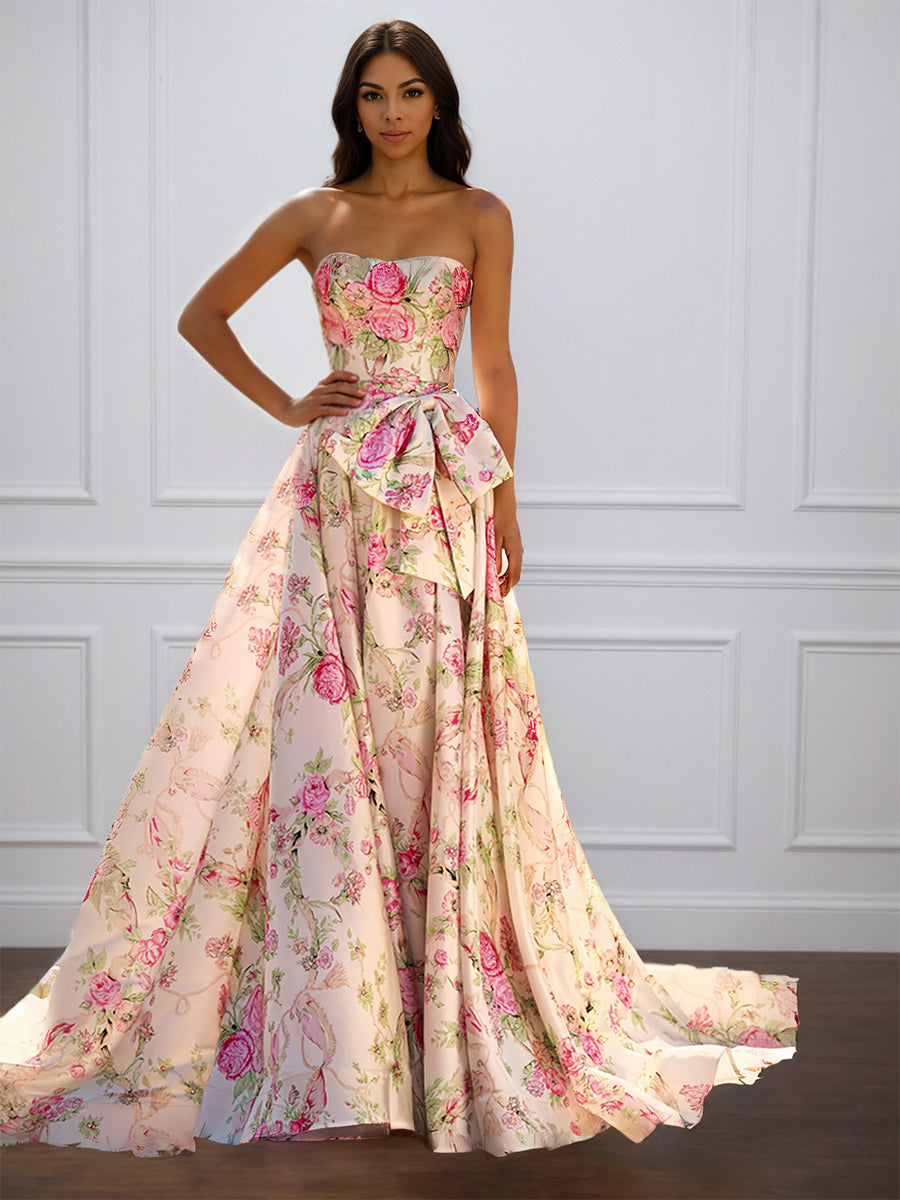 Cicinia Abricot Robe de Soirée Longue en Tissu Imprimé A-Line sans Bretelles avec Traîne