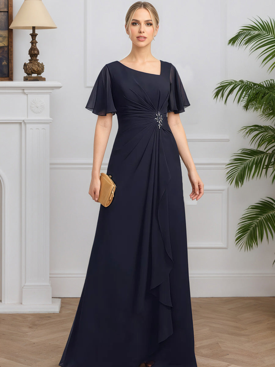 Cicinia Bleu Marine Foncé Robe pour Mère de la Mariée Longue en Mousseline A-Line Encolure Asymétrique
