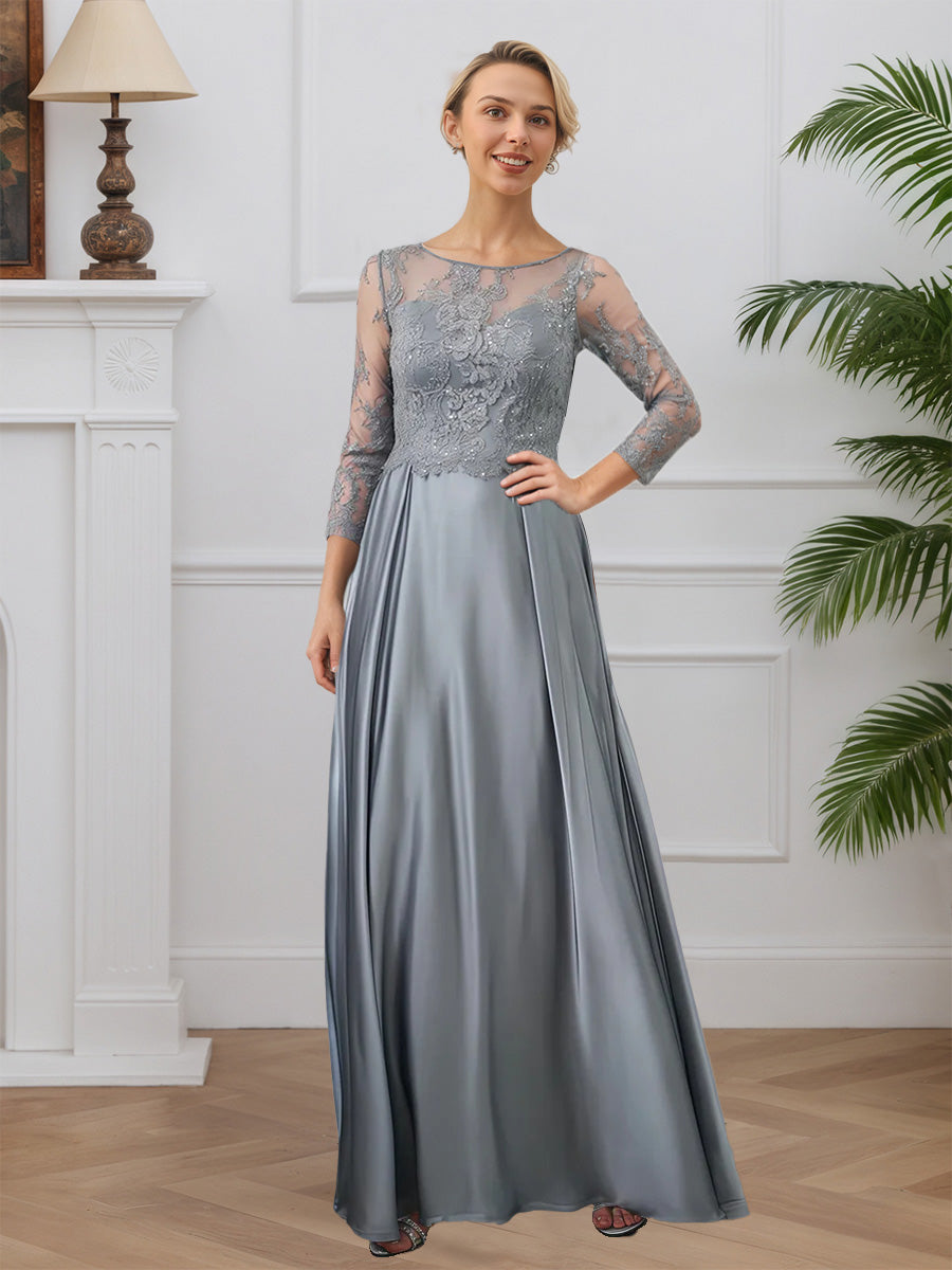 Cicinia Gris Robe pour Mère de la Mariée Longue en Satin Doux et Dentelle A-Line Longueur Sol