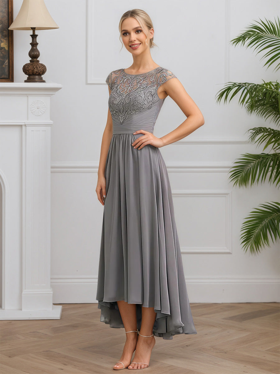 Cicinia Gris Robe pour Mère de la Mariée Longue en Mousseline et Dentelle A-Line Fermeture Dos à Glissière
