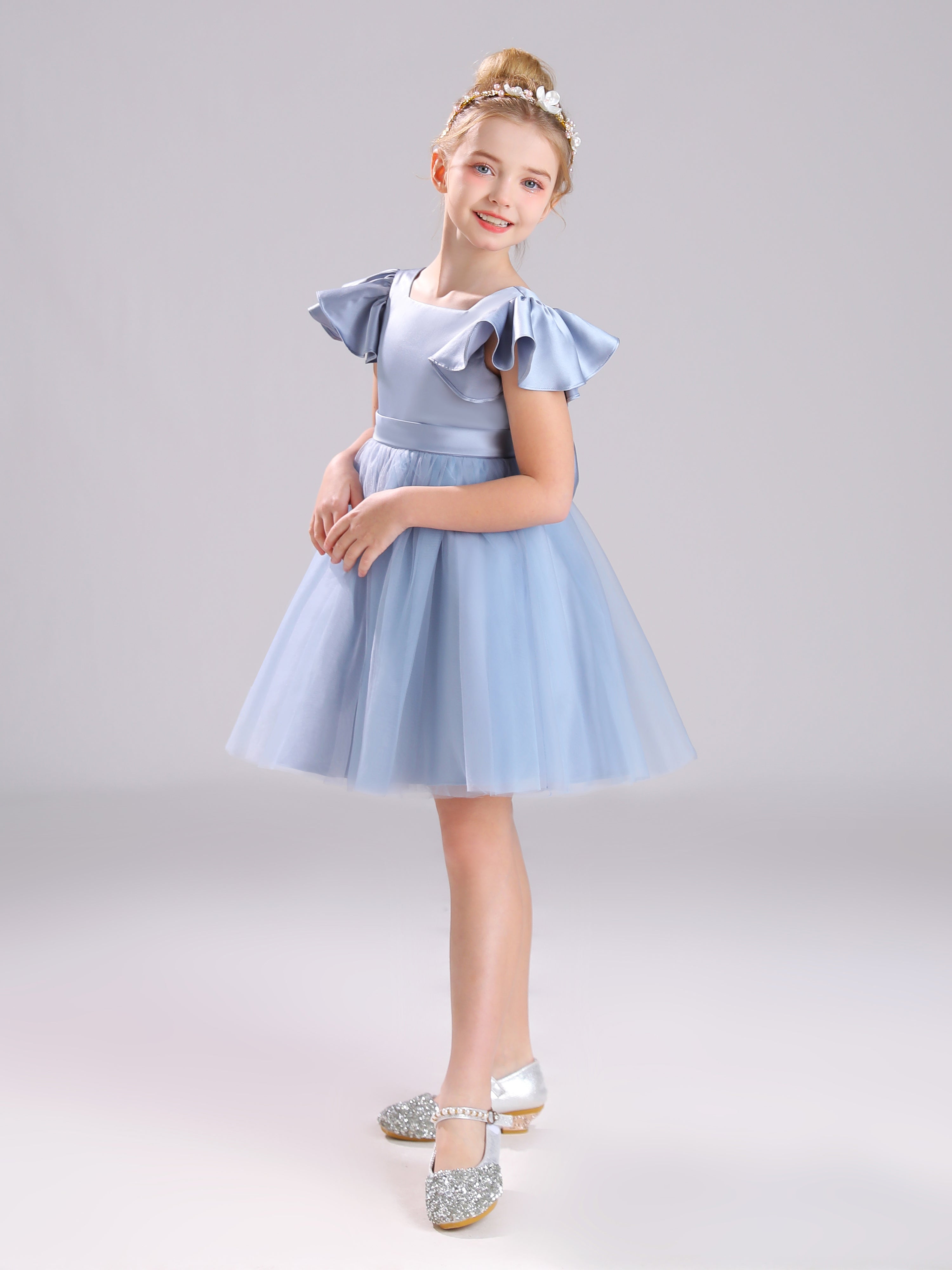 Col Carré Manches Courtes Satin&Tulle Courte Robe Fille