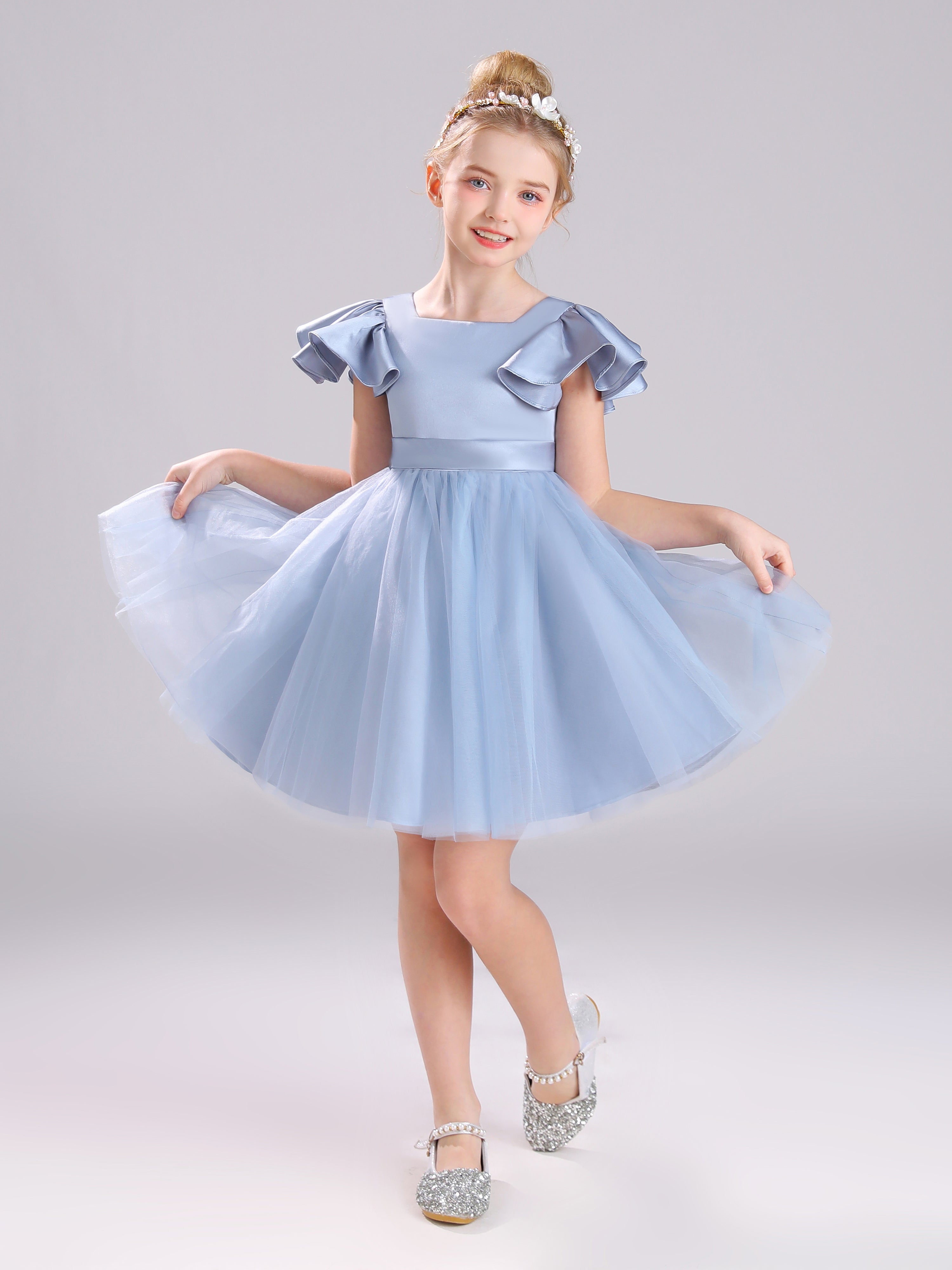 Col Carré Manches Courtes Satin&Tulle Courte Robe Fille