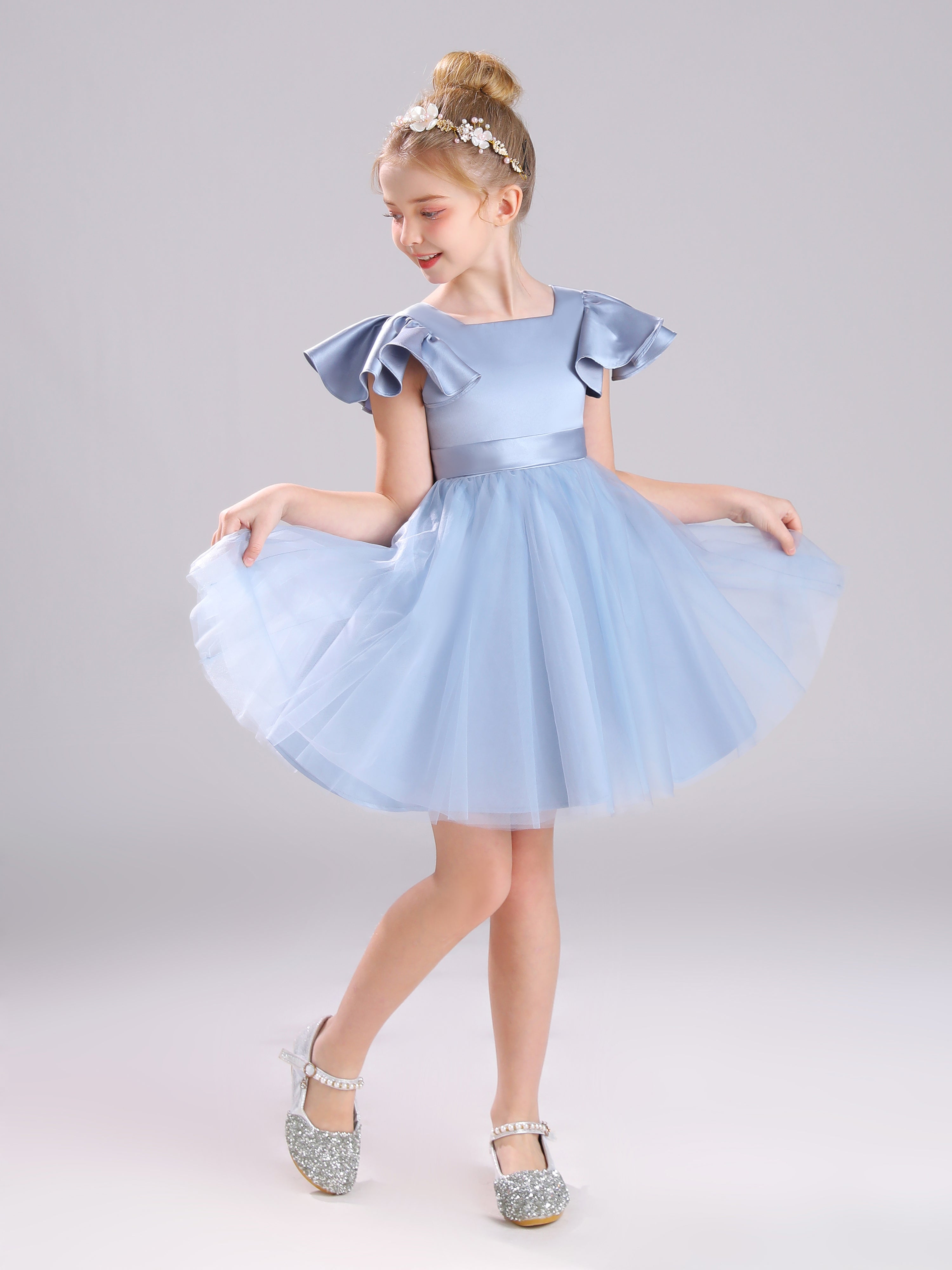 Col Carré Manches Courtes Satin&Tulle Courte Robe Fille