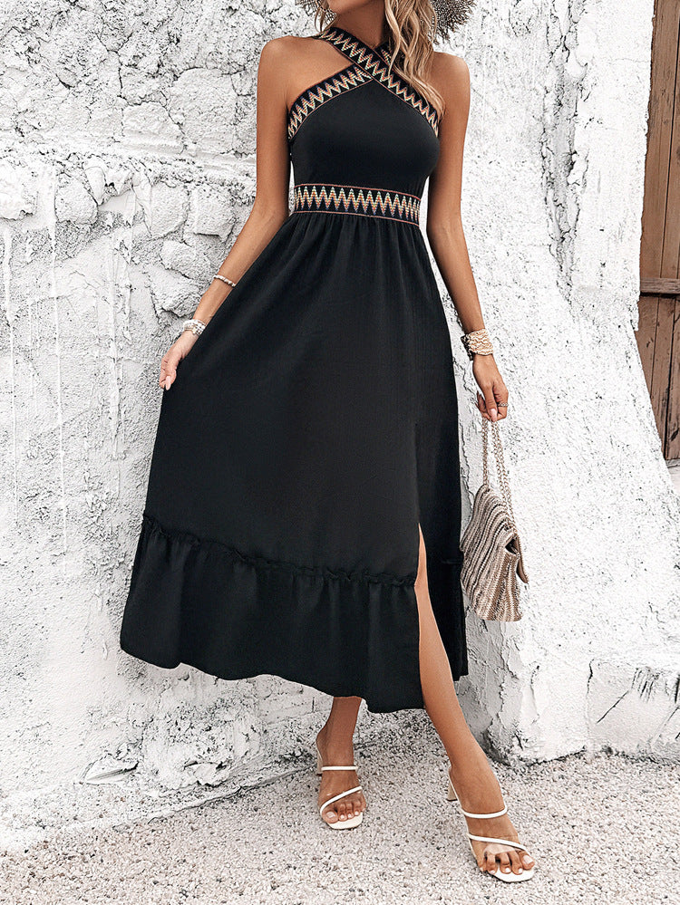 Robe Bohème Invitée Mariage Noire Dos Nudé avec Fente Latérale