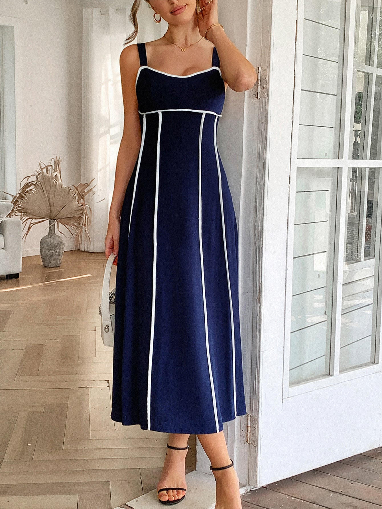Robe Invitée Mariage BLEU_MARINE Élégante Encolure Carrée à Bretelles Longueur Cheville
