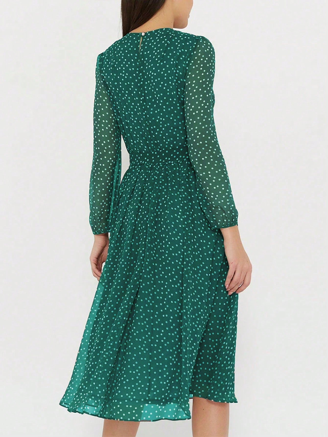 Robe Invitée Mariage Vert Mi-Longue Col Ras du Cou et Manches Longues