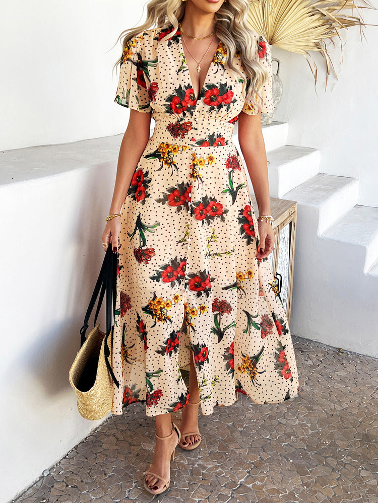 Robe de Mariée Invitée JONQUILLE Sexy en Mousseline Imprimé Florale à Manches Courtes