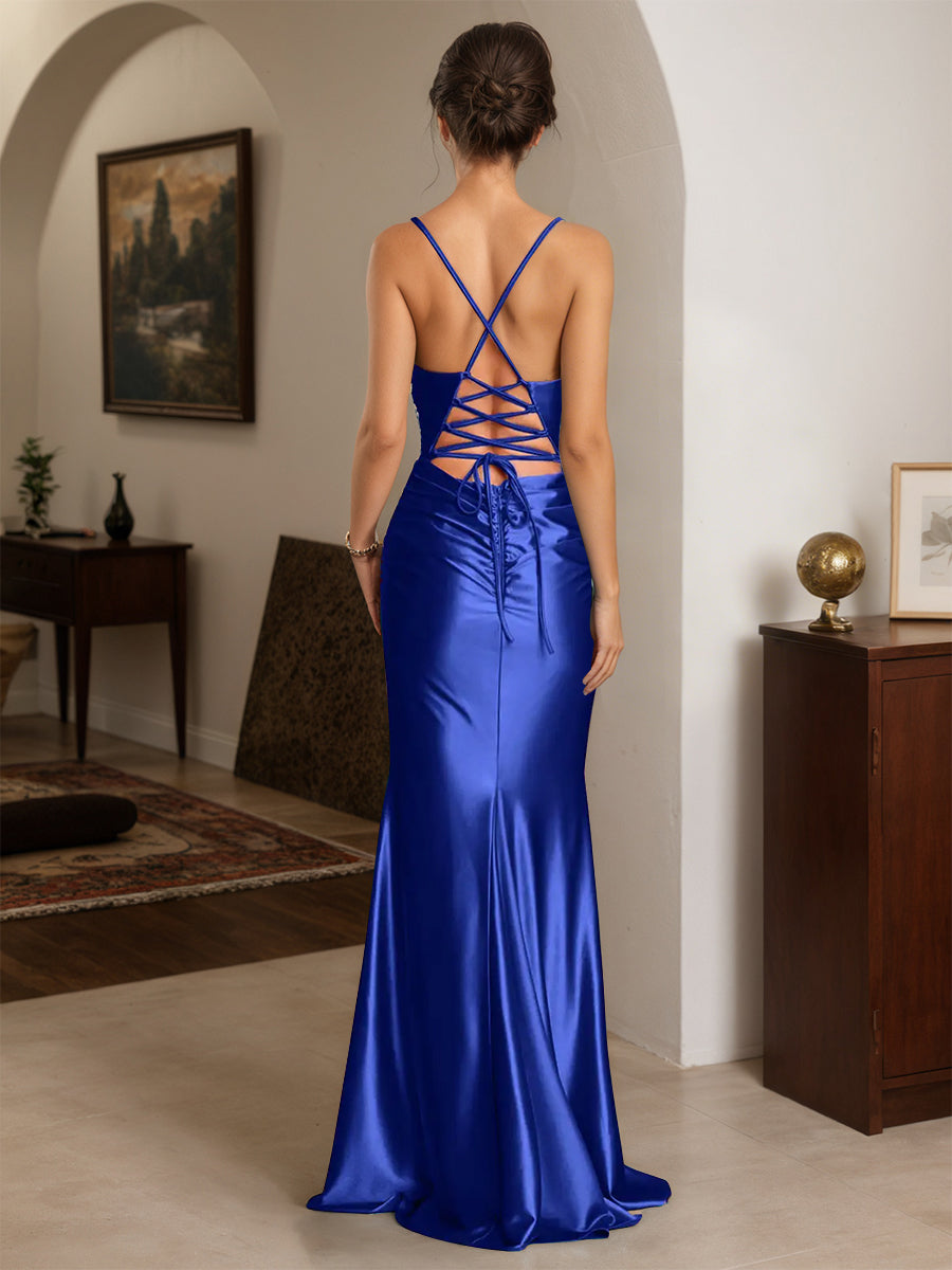 Cicinia Bleu Royal Robe de Soirée Longue en Satin Extensible Fourreau à Bretelles Spaghetti Dos Nud Chic