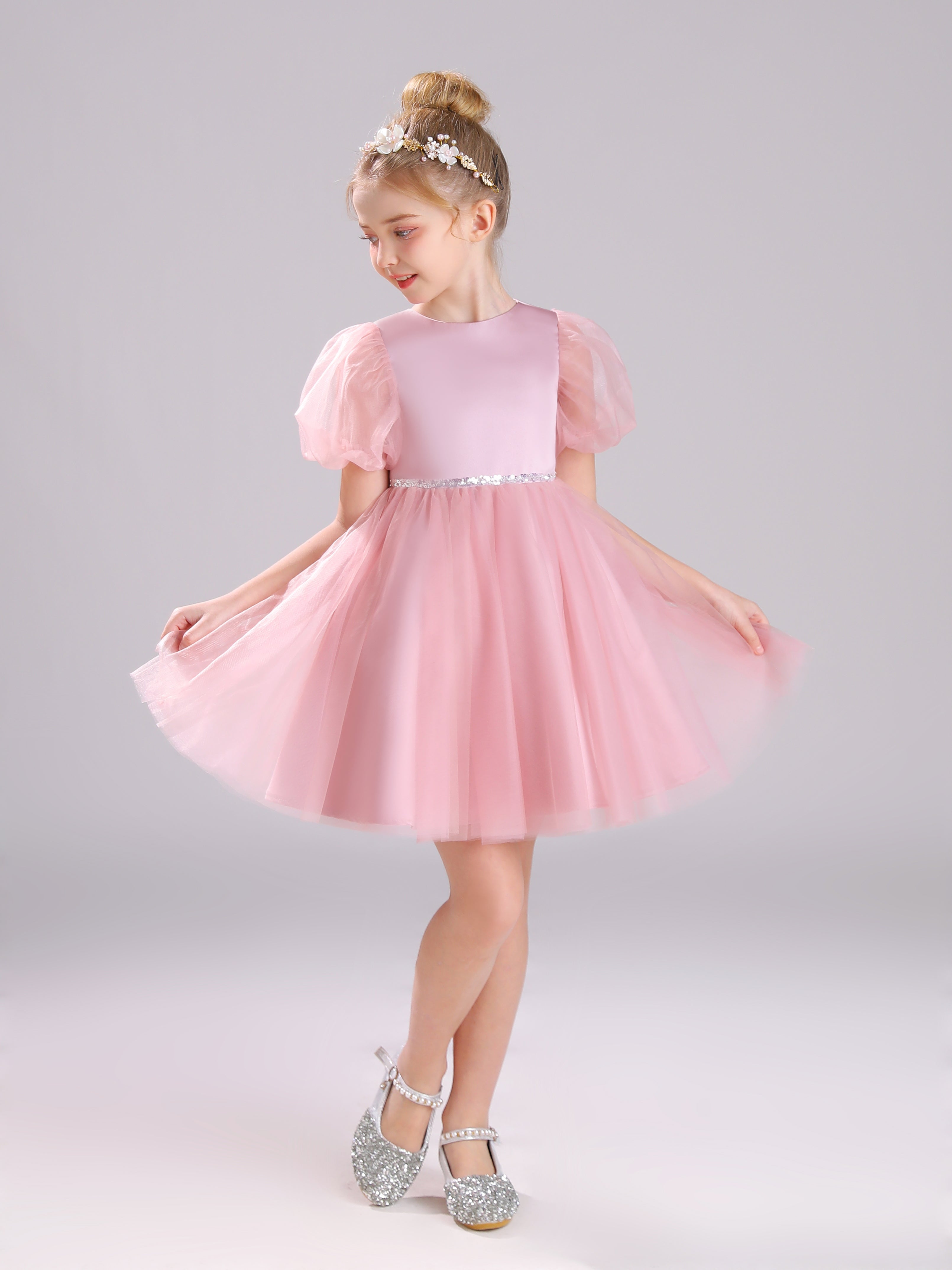 Col Bateau Manches Bouffantes Satin&Tulle Courte Robe Fille