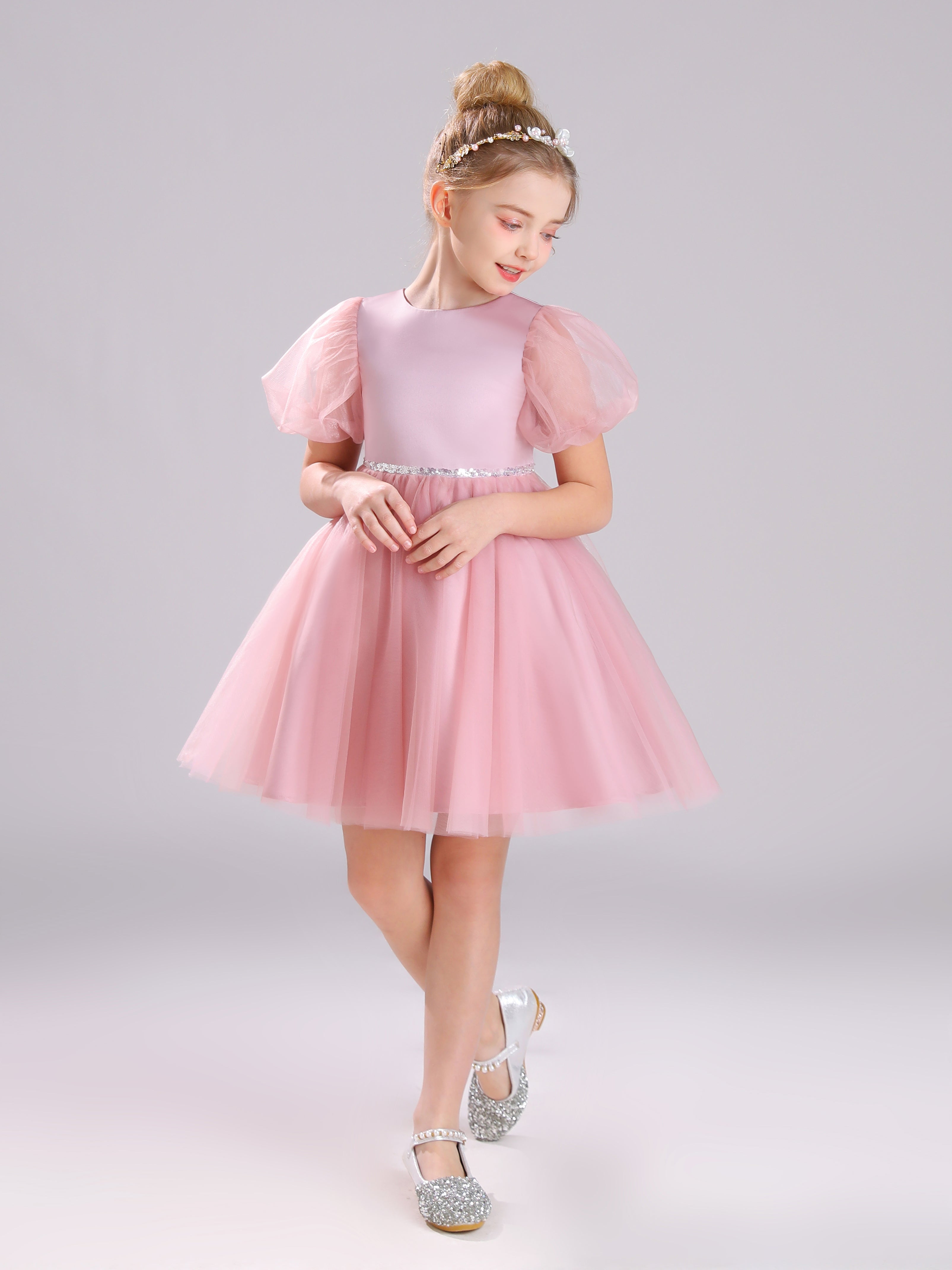 Col Bateau Manches Bouffantes Satin&Tulle Courte Robe Fille