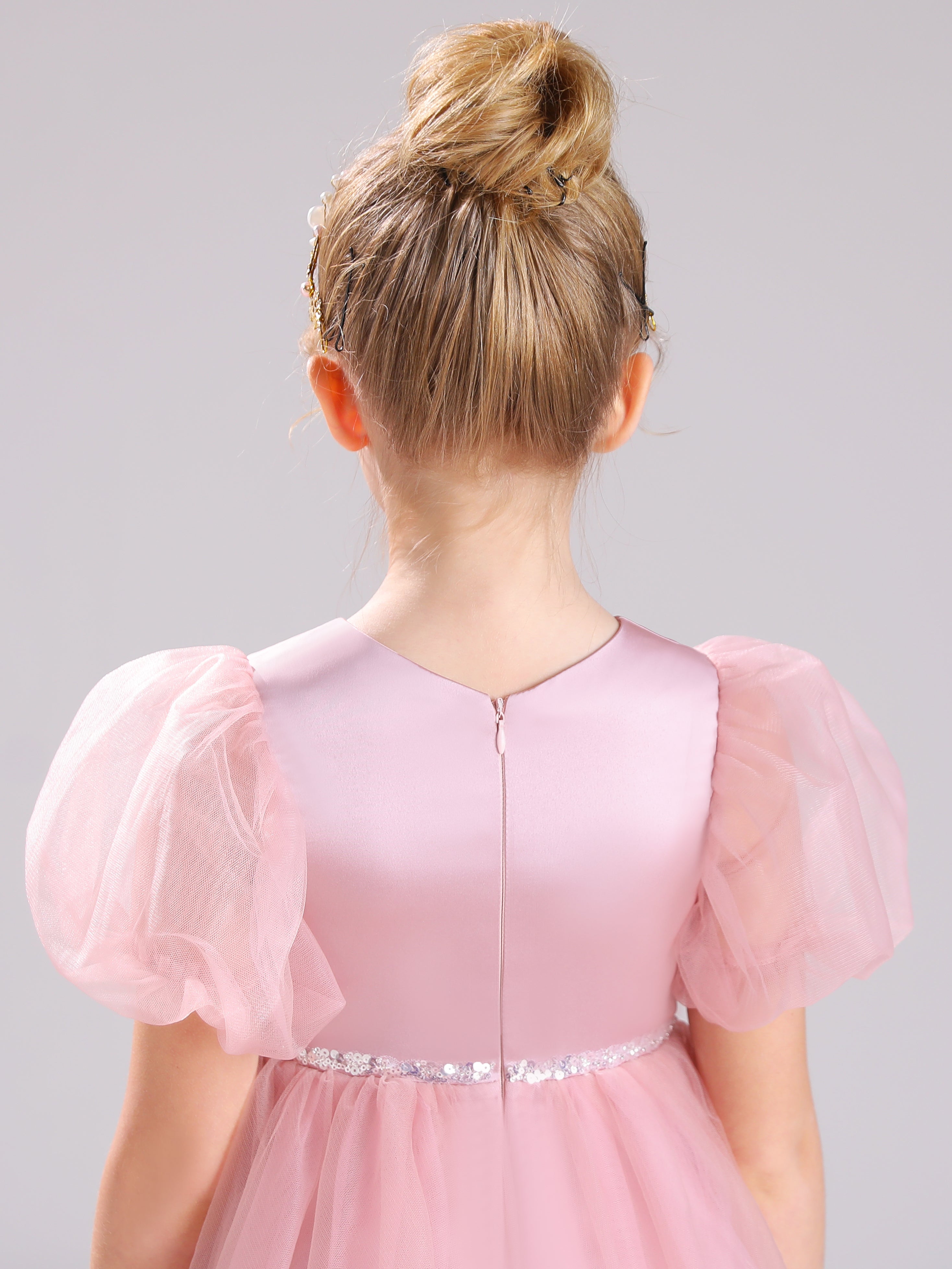 Col Bateau Manches Bouffantes Satin&Tulle Courte Robe Fille