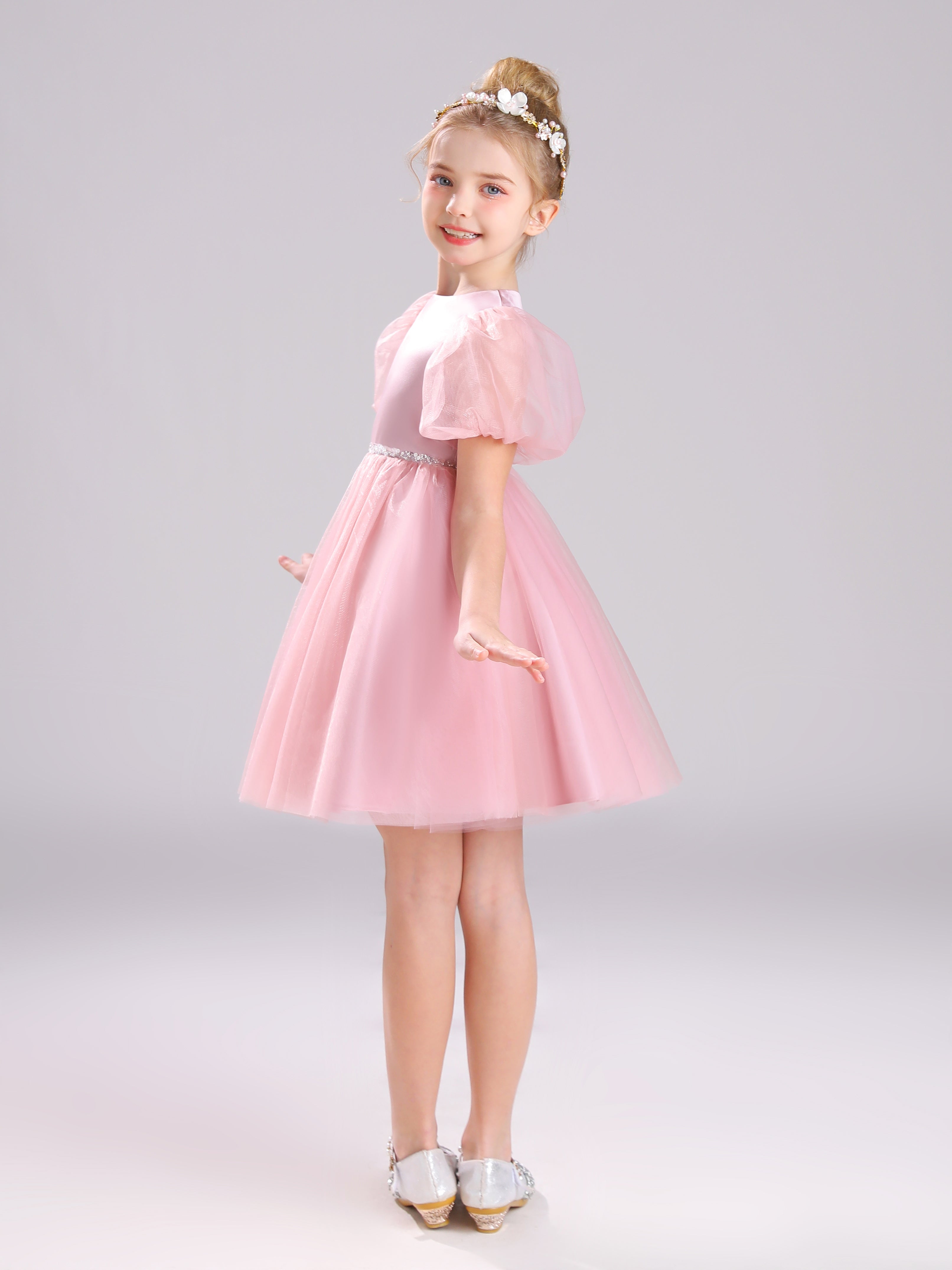 Col Bateau Manches Bouffantes Satin&Tulle Courte Robe Fille