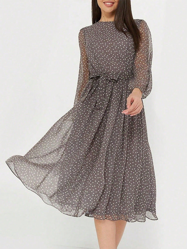 Robe Invitée Mariage BRUN Mi-Longue Col Ras du Cou et Manches Longues