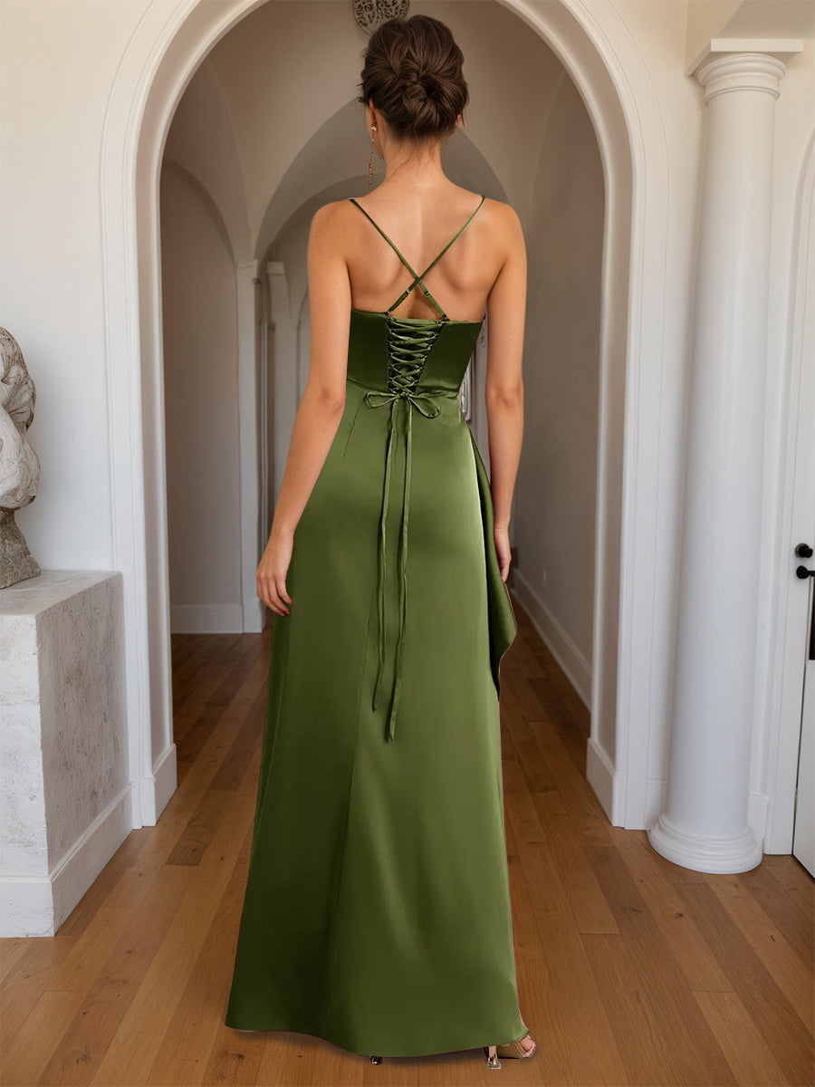 Cicinia Robe de Soirée VERT_OLIVE Longue Fourreau à Bretelles Spaghetti Fente Longueur Sol