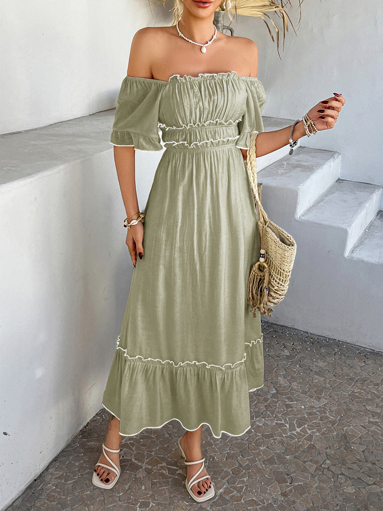 Robe Invitée de Mariage VERT_OLIVE à Épaules Dénudées Coupe A-Line Mi-Longue Sans Bretelles