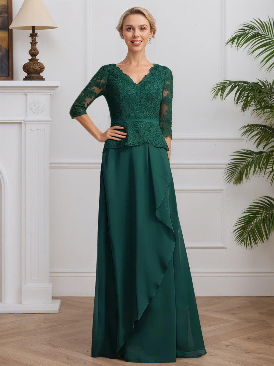 Cicinia Vert Foncé Robe pour Mère de la Mariée Longue en Mousseline et Dentelle A-Line Manches Demi-longues Décolleté en V