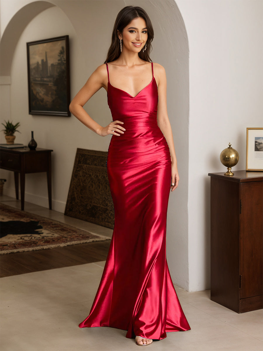 Cicinia Robe de Soirée ROUGE Longue en Satin Extensible Fourreau à Bretelles Spaghetti Dos Nud Chic