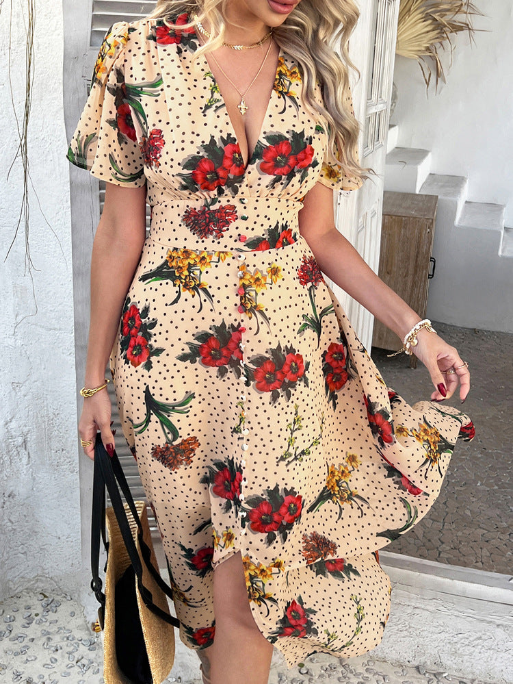 Robe de Mariée Invitée JONQUILLE Sexy en Mousseline Imprimé Florale à Manches Courtes