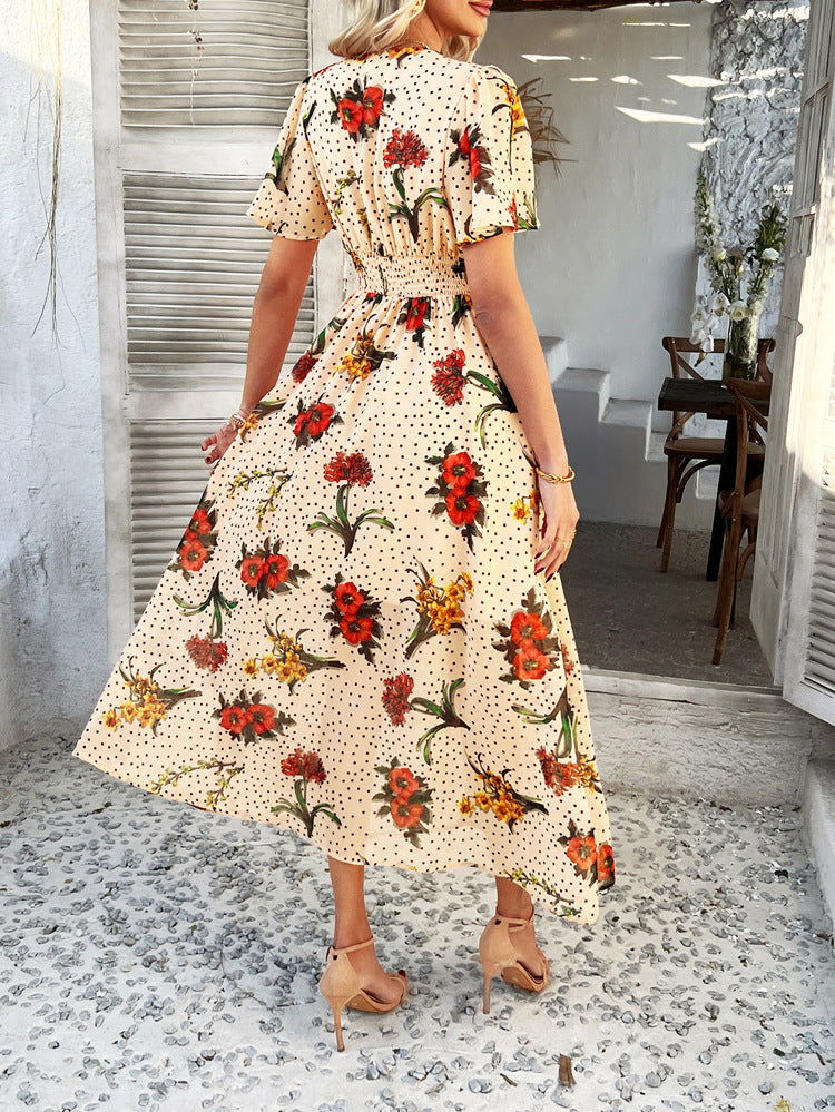 Robe de Mariée Invitée JONQUILLE Sexy en Mousseline Imprimé Florale à Manches Courtes