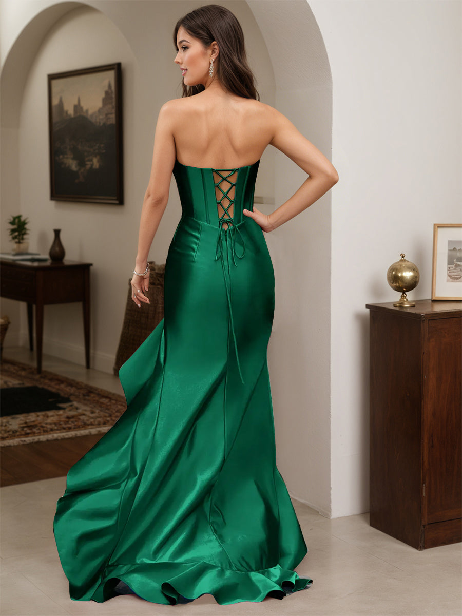 Cicinia Robe de Soirée VERT FONCE Longue Fourreau sans Bretelles à Volants