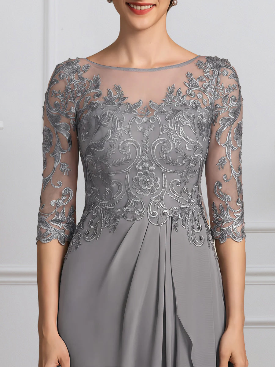 Cicinia Gris Robe pour Mère de la Mariée Longue en Mousseline et Dentelle A-Line Manches Demi-longues Élégante