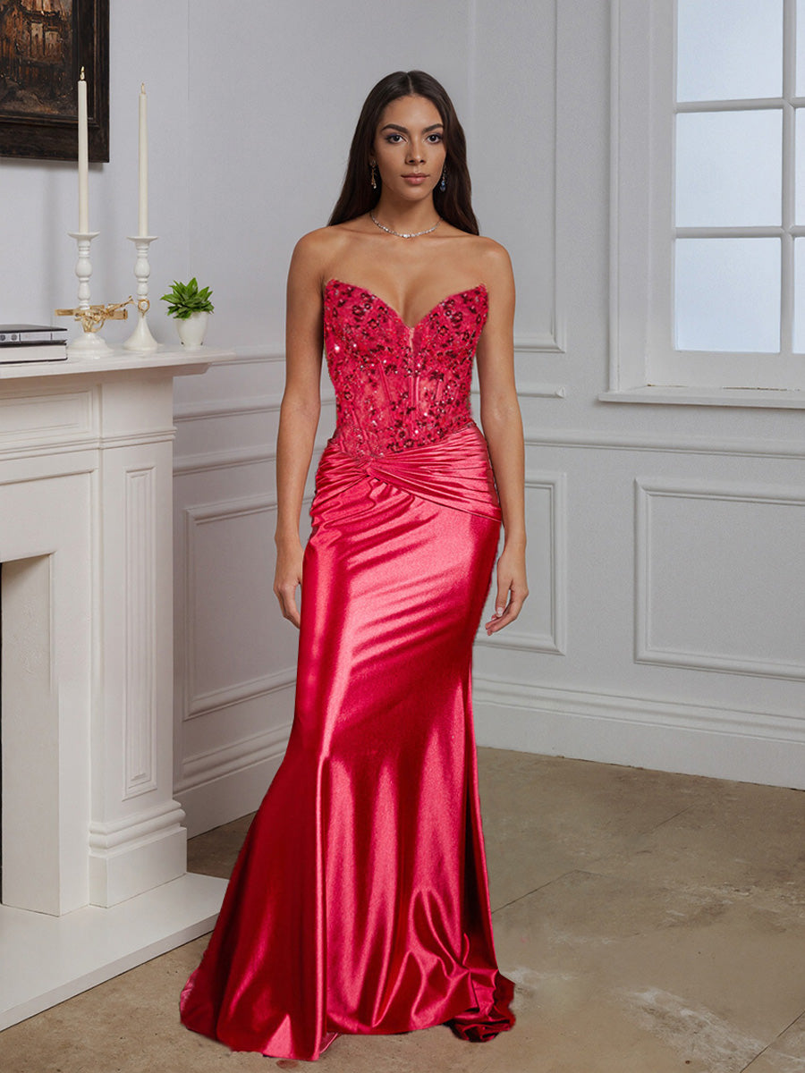 Cicinia Robe de Soirée Rouge Pastèque Longue Fourreau sans Bretelles Perlé Traîne Balayée Ravissante