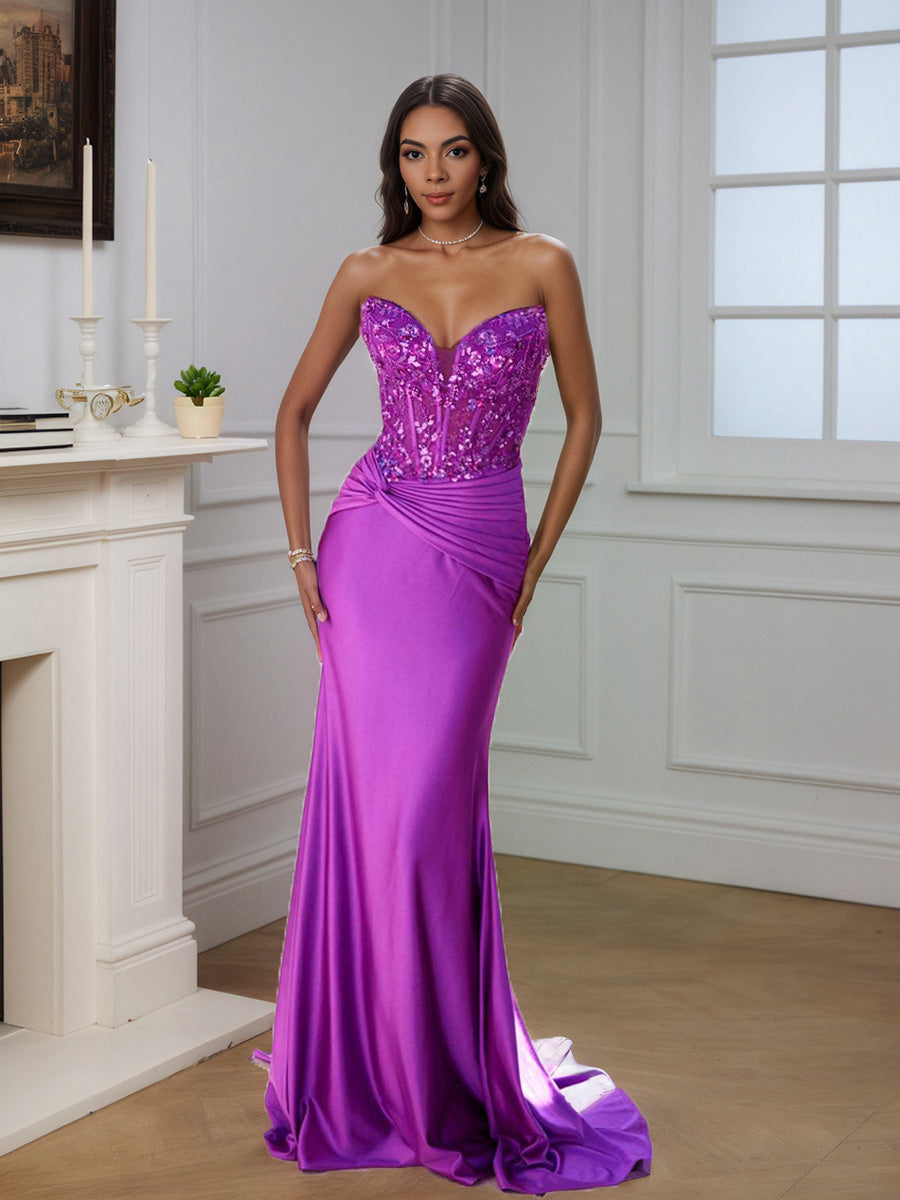 Cicinia Robe de Soirée Raisin Longue Fourreau sans Bretelles Perlé Traîne Balayée Ravissante