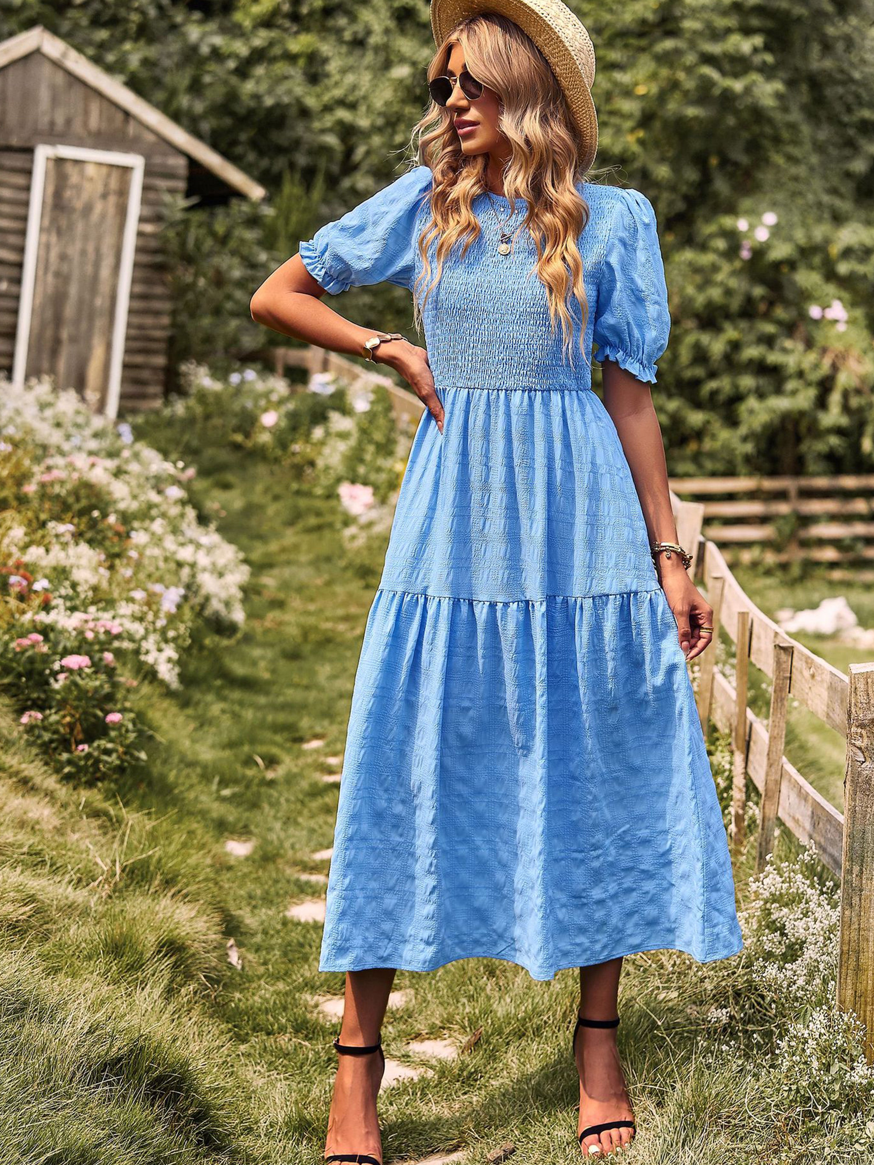 Robe Longue Trapèze Col Rond Manches Courtes à Volants Robe Invitée de Mariage en Bleu Ciel