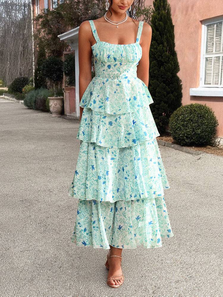 Robe Invitée Mariage VERT_MENTHE Encolure Carrée Bretelles Fines à Superpositions
