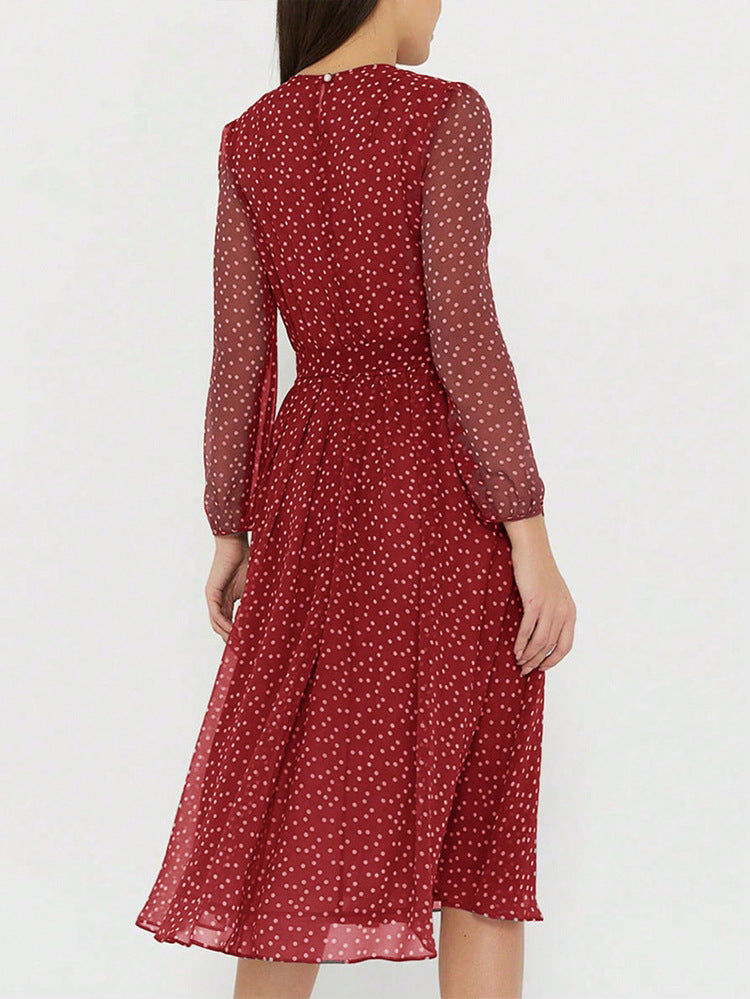 Robe Invitée Mariage BORDEAUX Mi-Longue Col Ras du Cou et Manches Longues