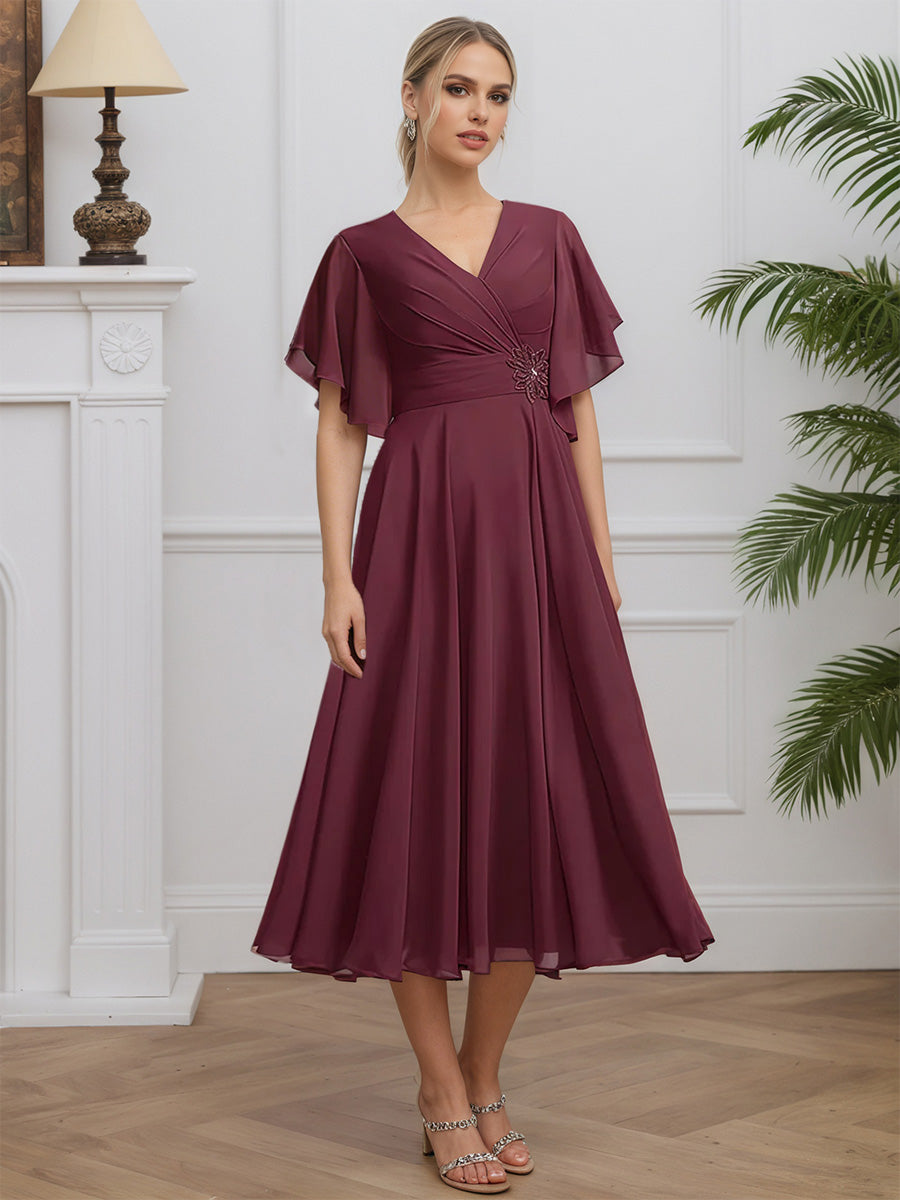 Cicinia Mûre Robe pour Mère de la Mariée Longue en Mousseline A-Line Manches Courtes Longueur Midi (Thé)
