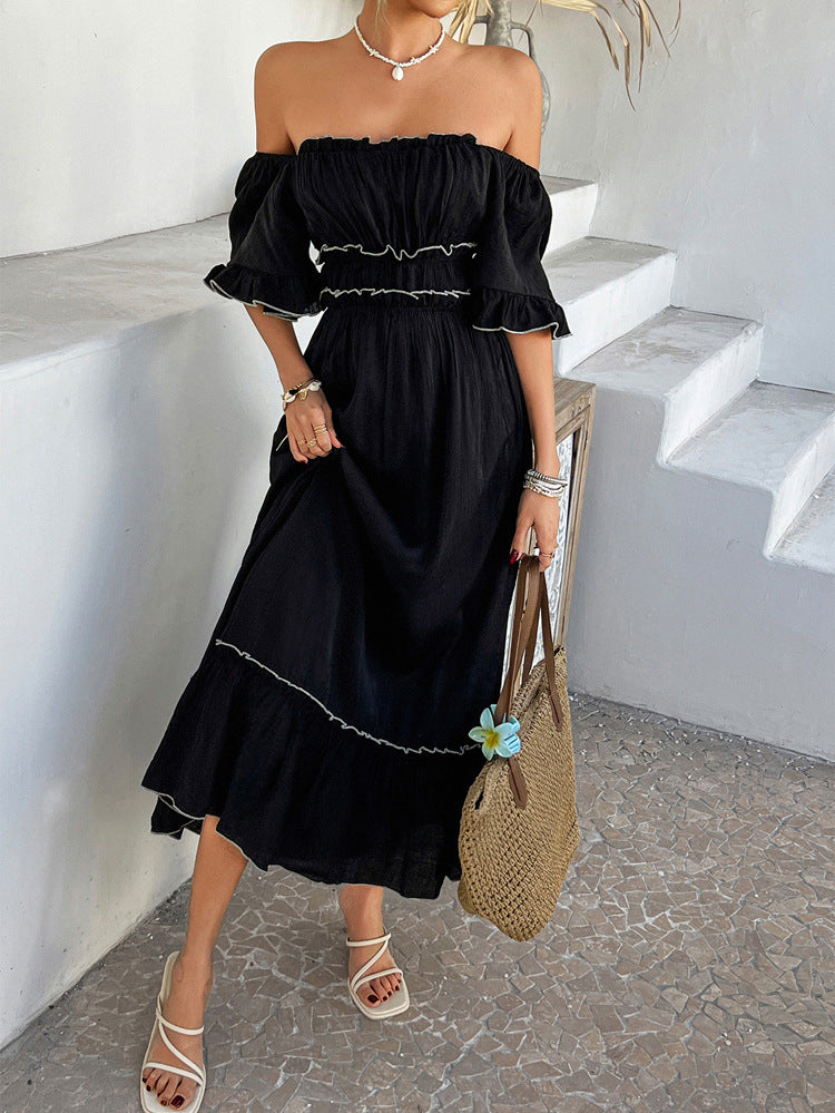 Robe Invitée de Mariage Noire à Épaules Dénudées Coupe A-Line Mi-Longue Sans Bretelles