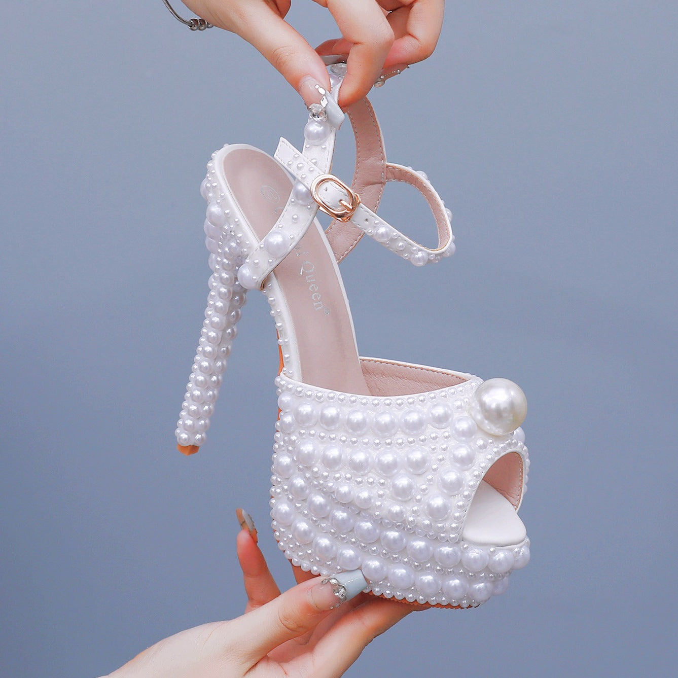 Chaussures de mariage à talons hauts formelles avec grosse plateforme et perles