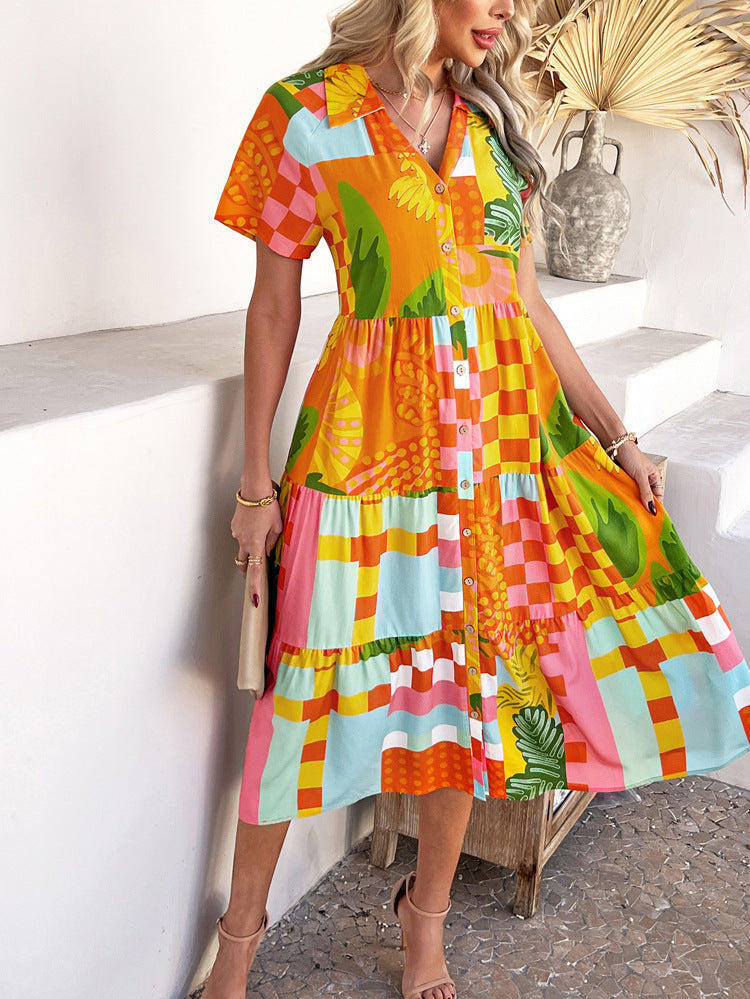 Robe Bohème Orange Invitée Mariage Imprimé Floral Encolure en V Longueur Cheville