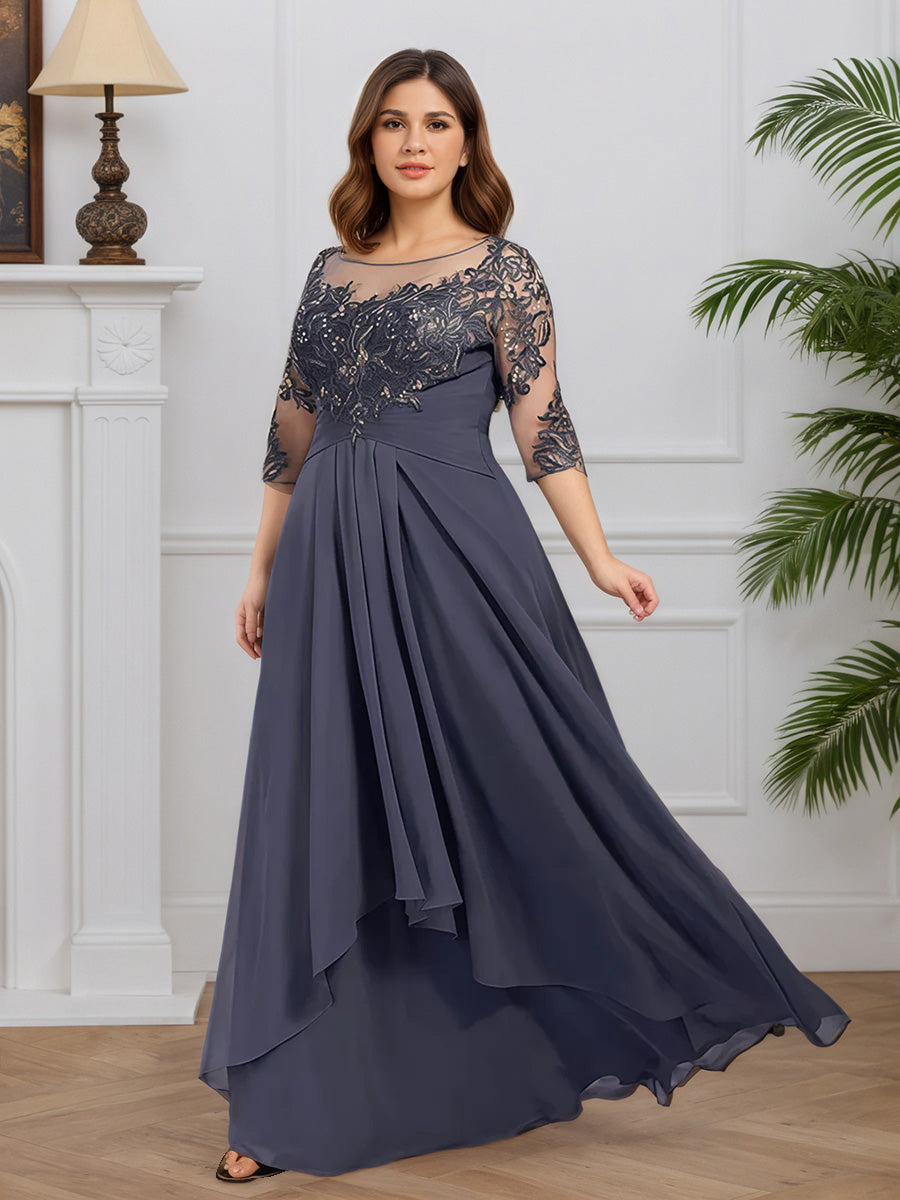 Cicinia Tempête Robe pour Mère de la Mariée Longue en Mousseline et Dentelle A-Line Manches Demi-longues Décolleté en Rond Grande Taille