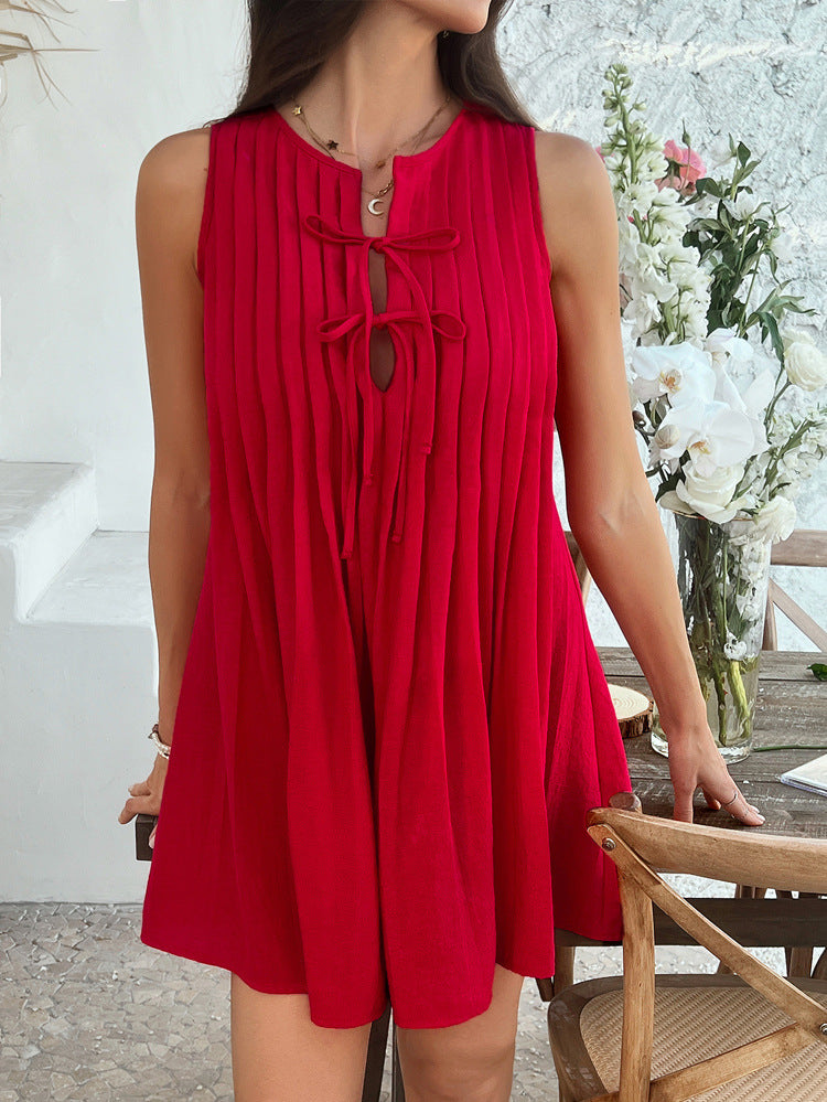 Robe de Mariée Invitée Rouge à Encolure Cran Coupe A Plissée Sans Manches