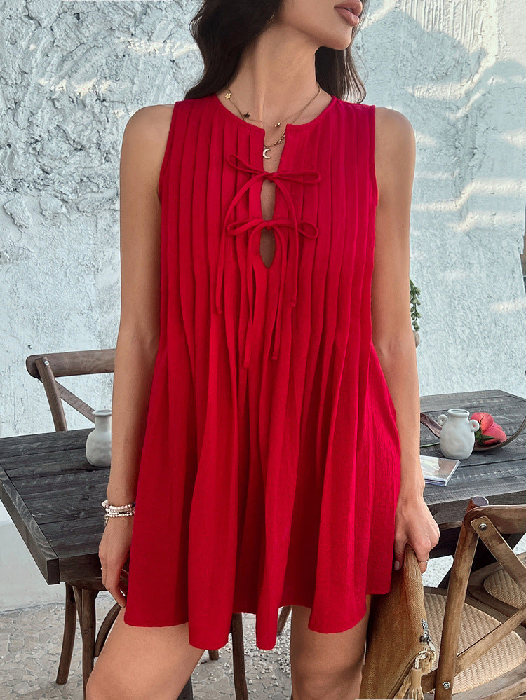 Robe de Mariée Invitée Rouge à Encolure Cran Coupe A Plissée Sans Manches