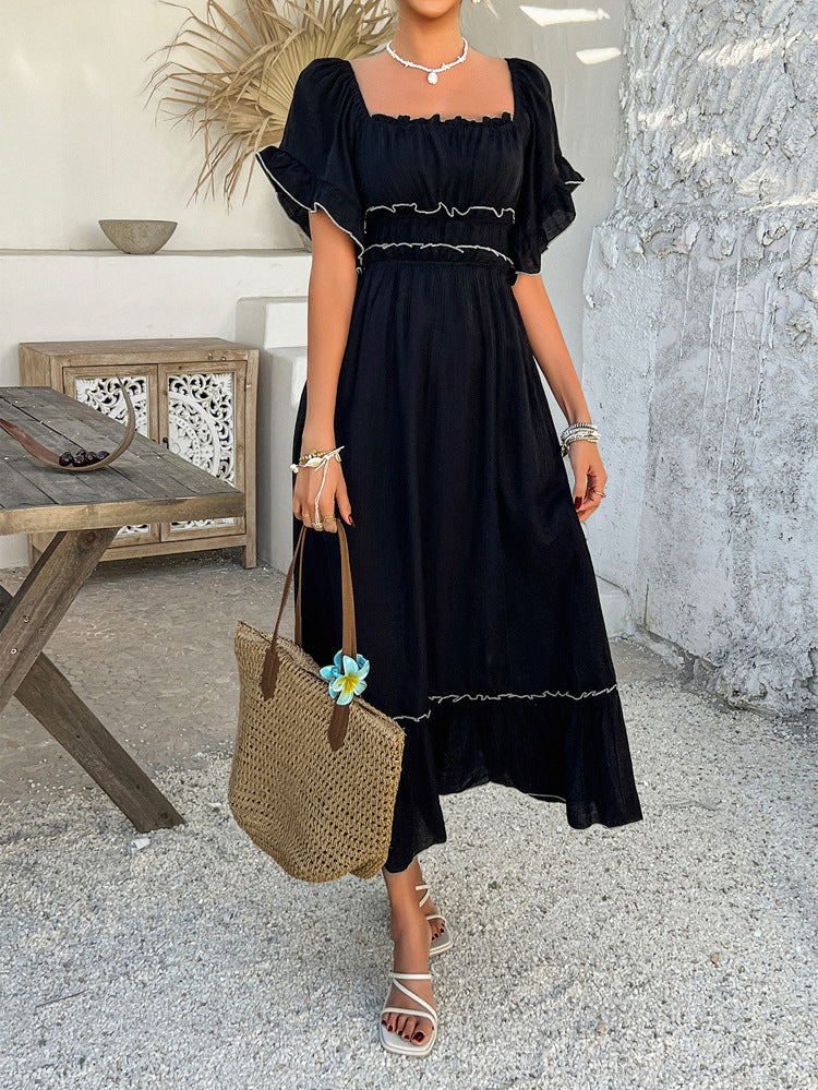 Robe Invitée de Mariage Noire à Épaules Dénudées Coupe A-Line Mi-Longue Sans Bretelles