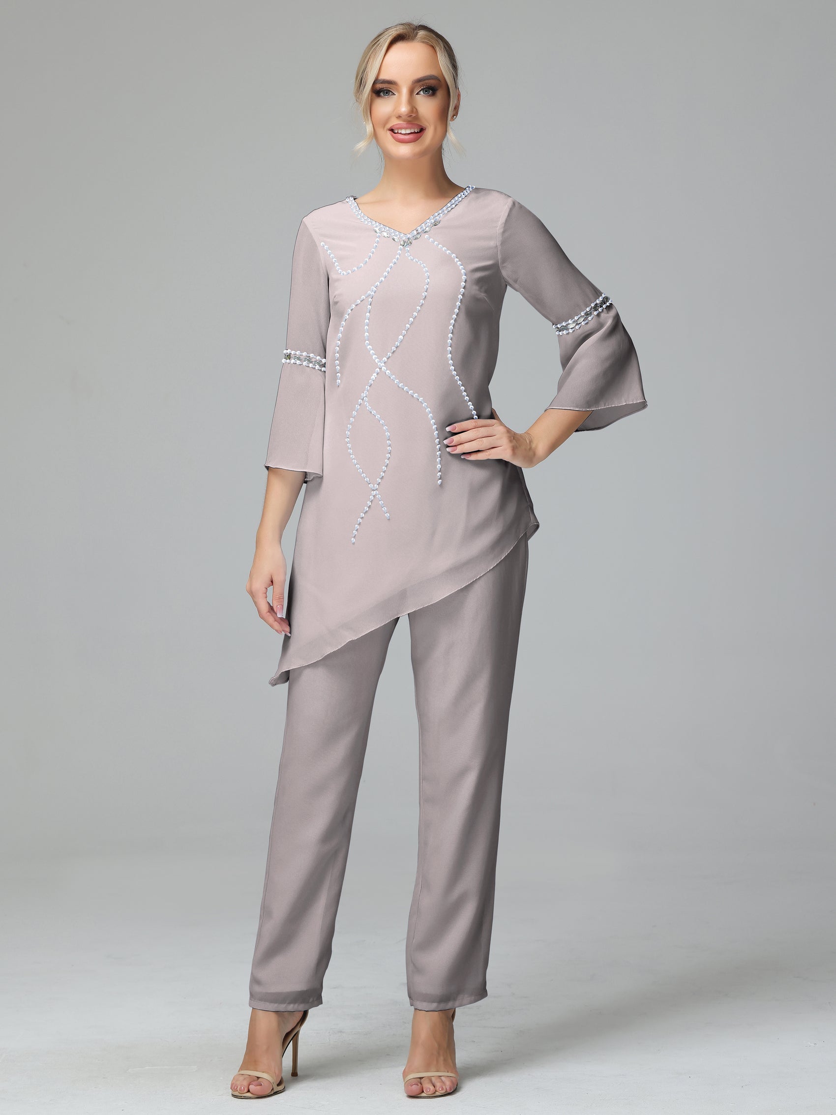 2 Pi?�ces manches mi-longues Mousseline Robe M?�re de la Mari?�e Pantalon