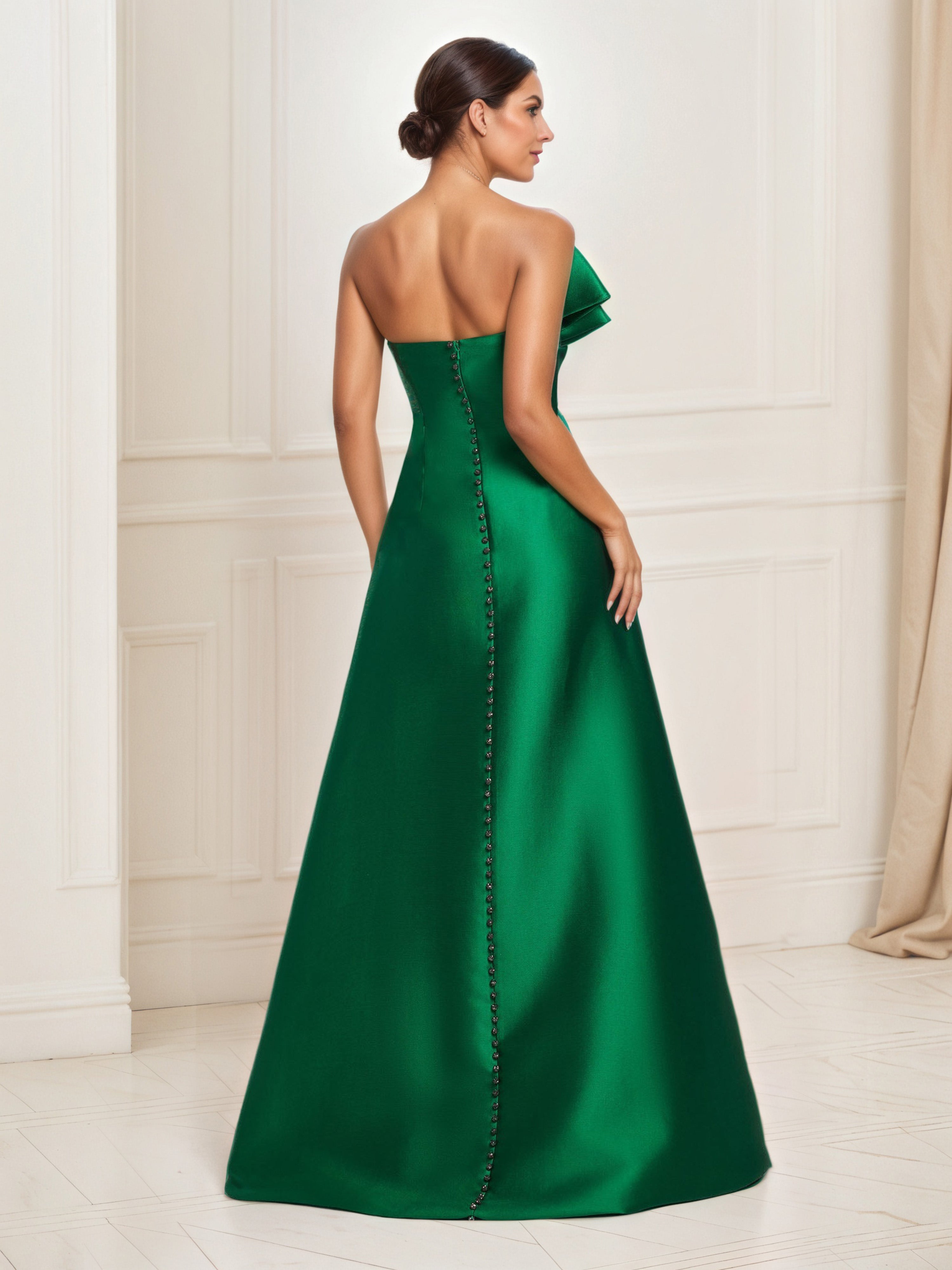 Robe de Bal Longue VERT_FONCE A-Line en Satin Sans Bretelles avec Volants Décoratifs