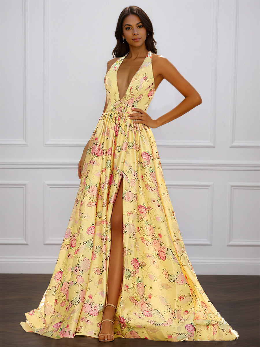Cicinia Jaune Robe de Soirée Longue en Tissu Imprimé A-Line Décolleté en V Plongeant Dos Nud Halter
