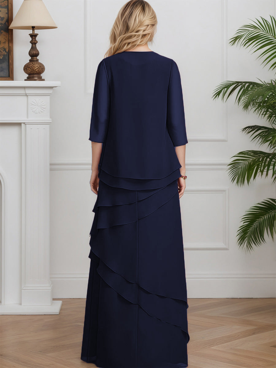 Cicinia Bleu Marine 2 Pièces Robe avec Veste pour Mère de la Mariée Longue en Chiffon A-Line Manches Trois-Quarts