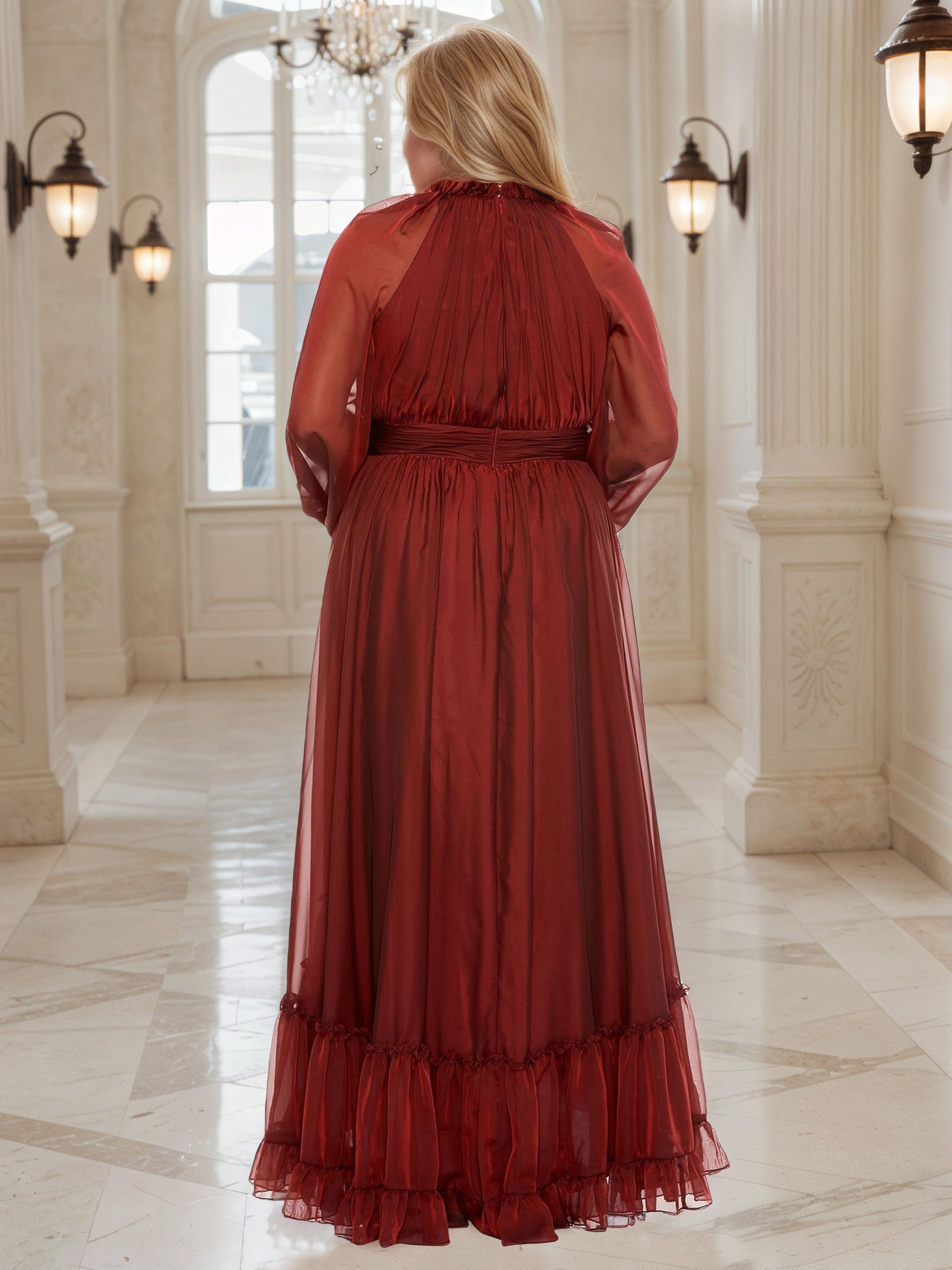 Robe de Bal Rouille à Encolure Col Claudine Grande Taille Coupe A-Line Asymétrique avec Manches Illusion et Superpositions