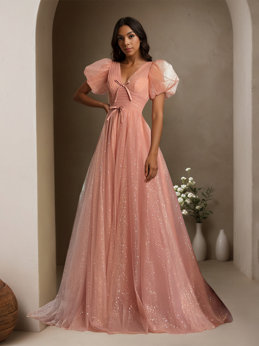 Cicinia Rose Poussiéreux Robe de Soirée Longue en Tulle Scintillant A-Line Manches Bouffantes Col V