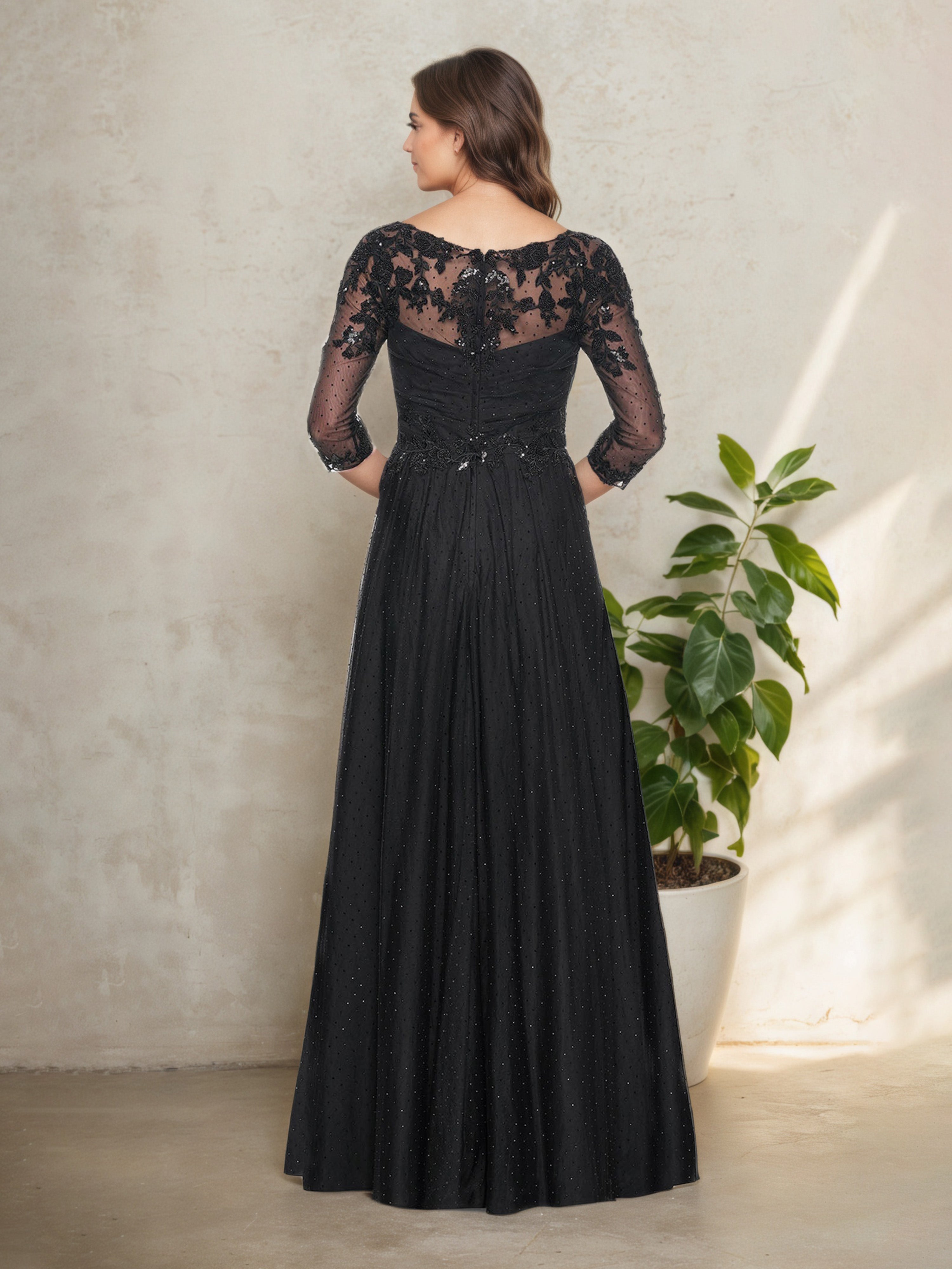 Robe Mère de la Mariée Noire Élégante  Silhouette A-Line Longue à Décolleté en V et Manches 3/4