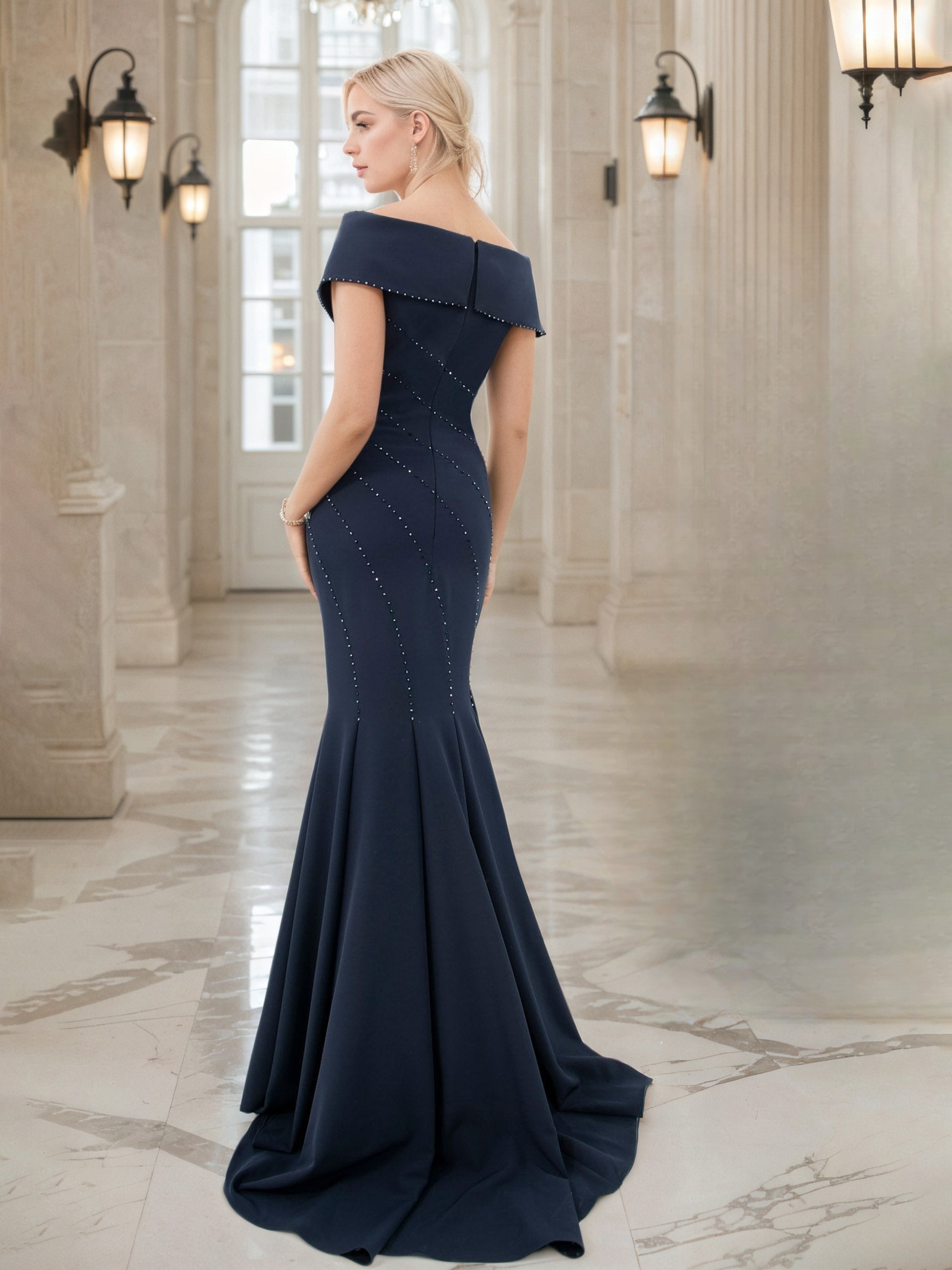 Robe de Soirée BLEU_MARINE Epaules Dénudées Trompette/Sirène Robe à traîne légère
